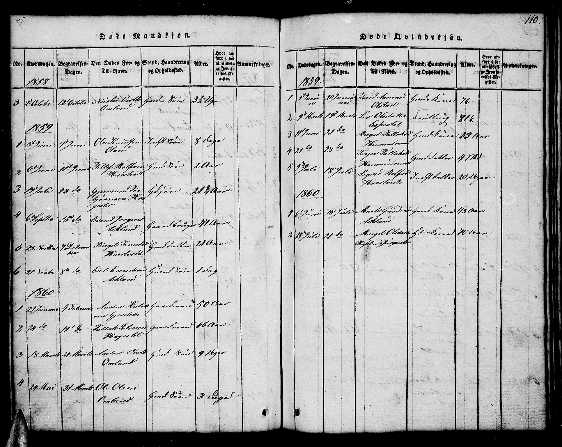 Åmli sokneprestkontor, AV/SAK-1111-0050/F/Fb/Fba/L0001: Parish register (copy) no. B 1, 1816-1890, p. 110