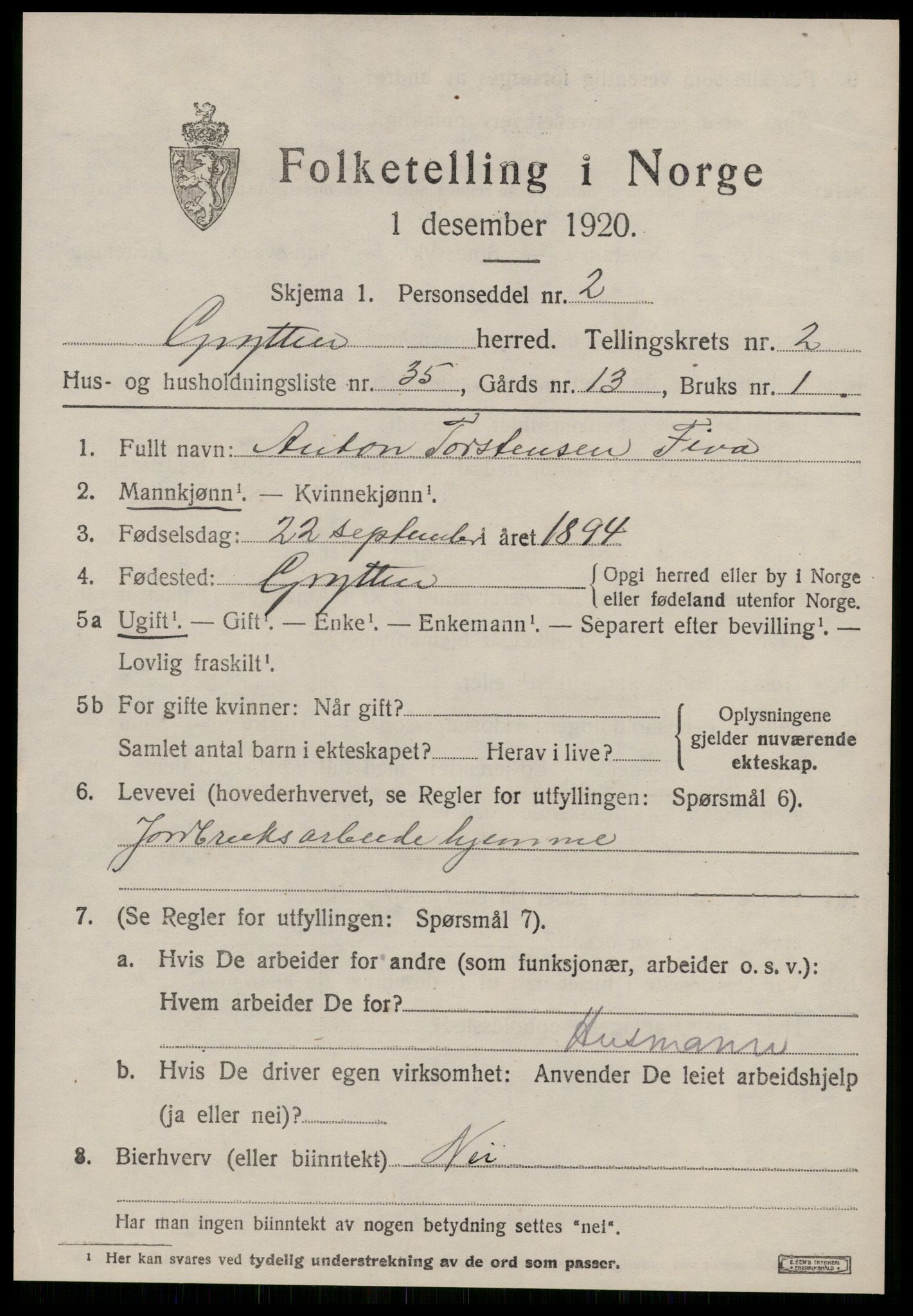 SAT, 1920 census for Grytten, 1920, p. 2220