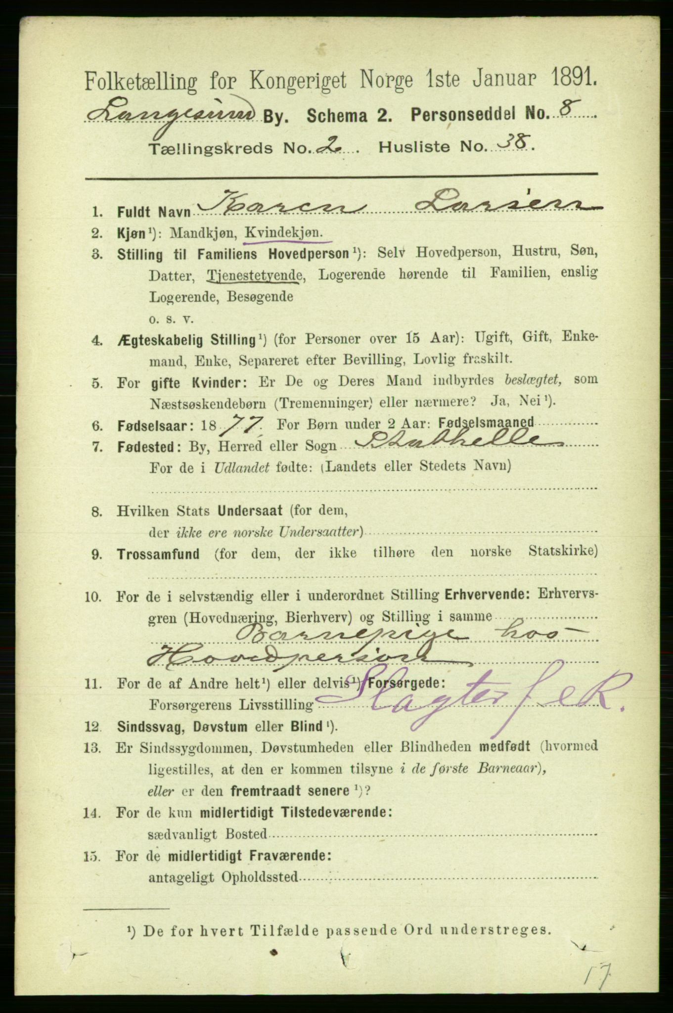 RA, 1891 census for 0802 Langesund, 1891, p. 897