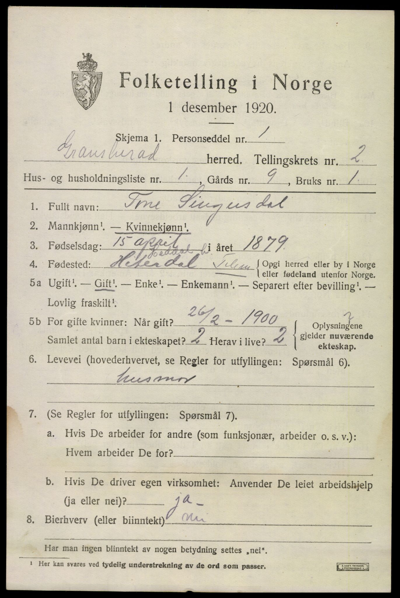 SAKO, 1920 census for Gransherad, 1920, p. 964