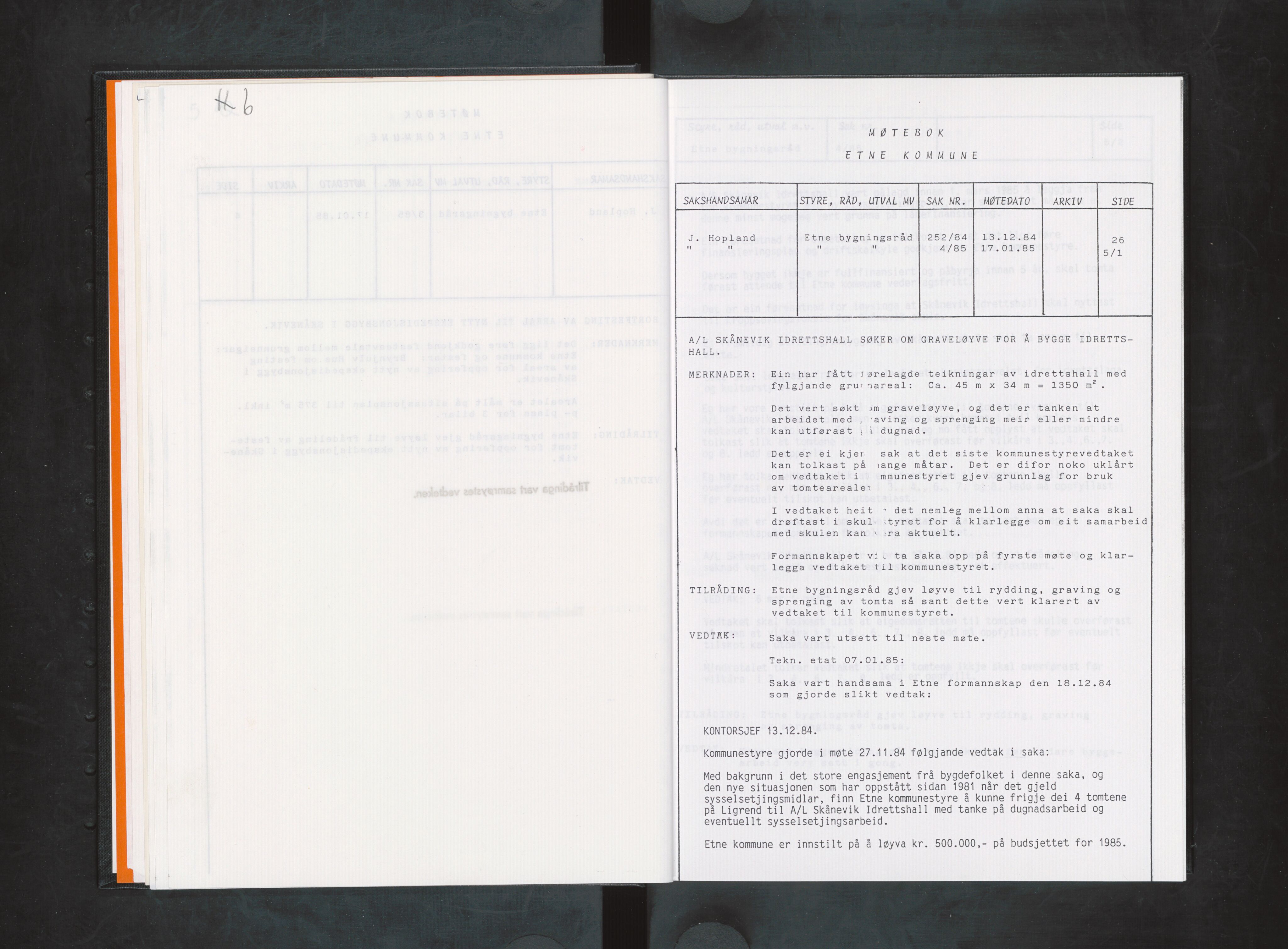 Etne kommune. Bygningsrådet, IKAH/1211-511/A/Aa/L0033: Møtebok Etne bygningsråd I, 1985