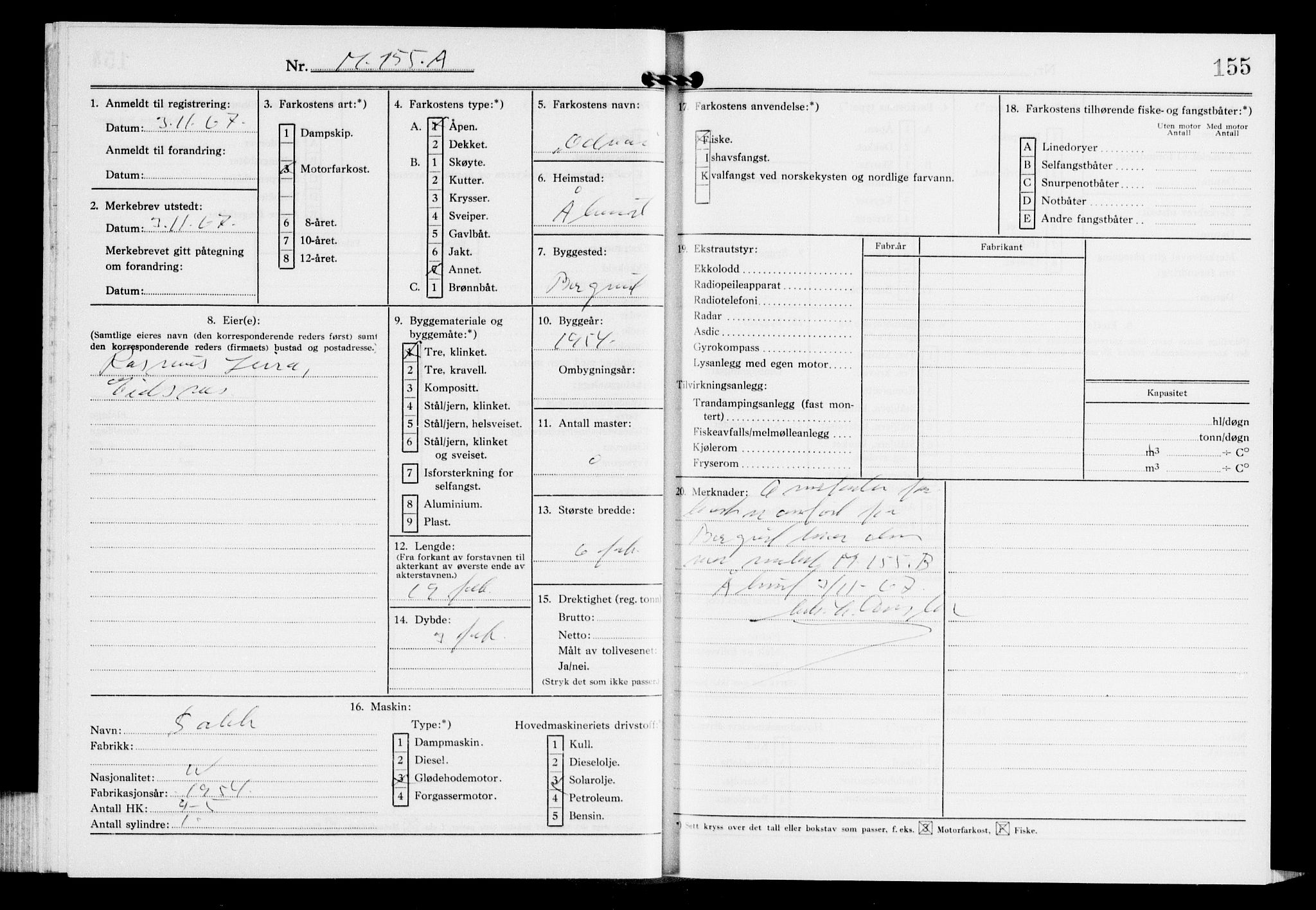 Fiskeridirektoratet - 1 Adm. ledelse - 13 Båtkontoret, AV/SAB-A-2003/I/Ia/Iaf/L0151: 135.0669/7 Merkeprotokoll - Ålesund, 1967-1968, p. 155