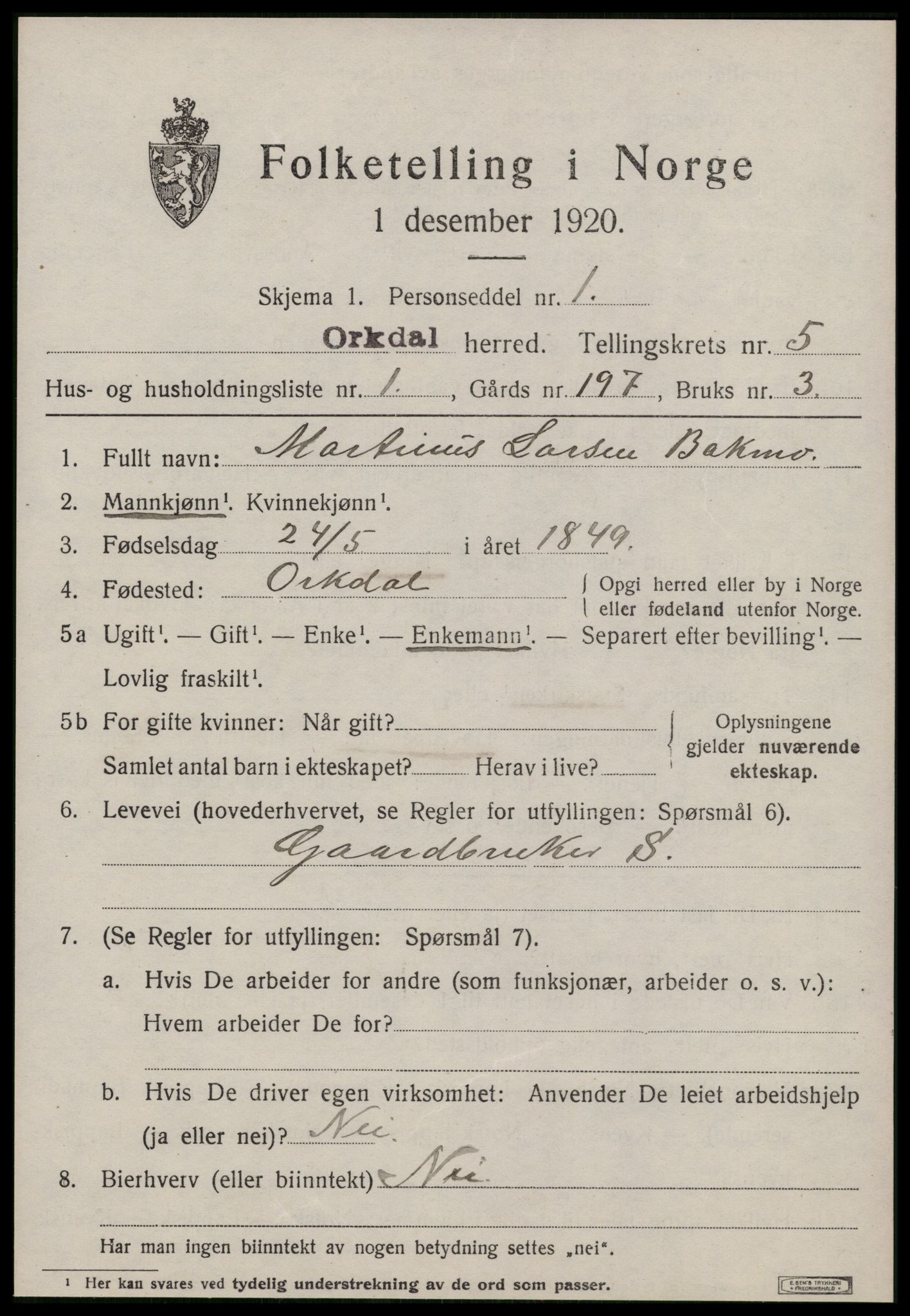 SAT, 1920 census for Orkdal, 1920, p. 4624