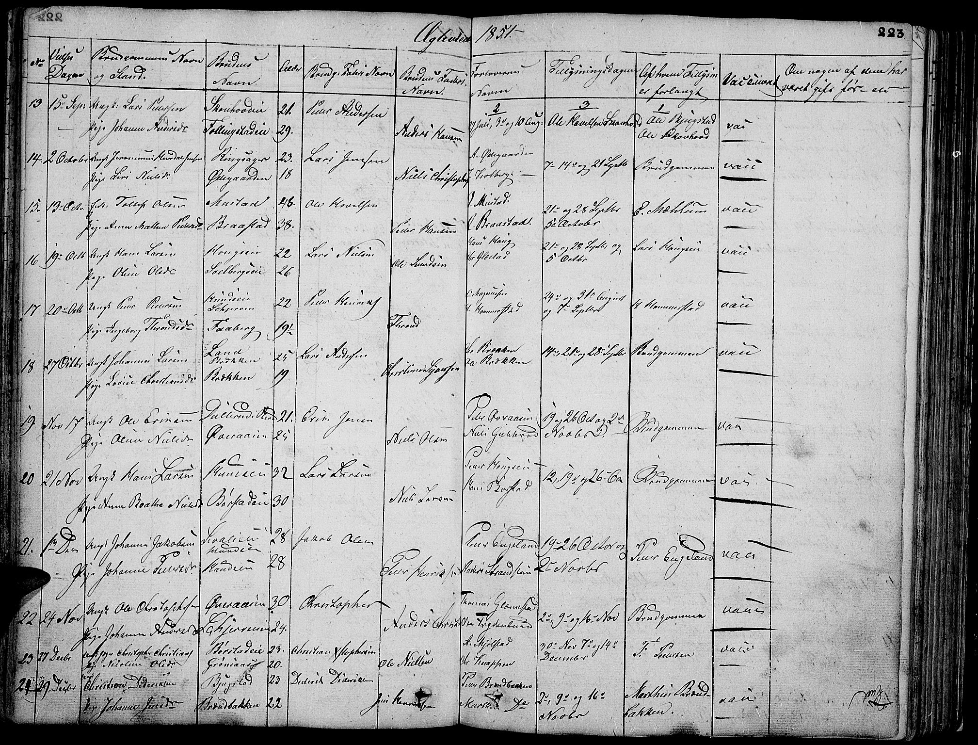 Vardal prestekontor, SAH/PREST-100/H/Ha/Hab/L0004: Parish register (copy) no. 4, 1831-1853, p. 223