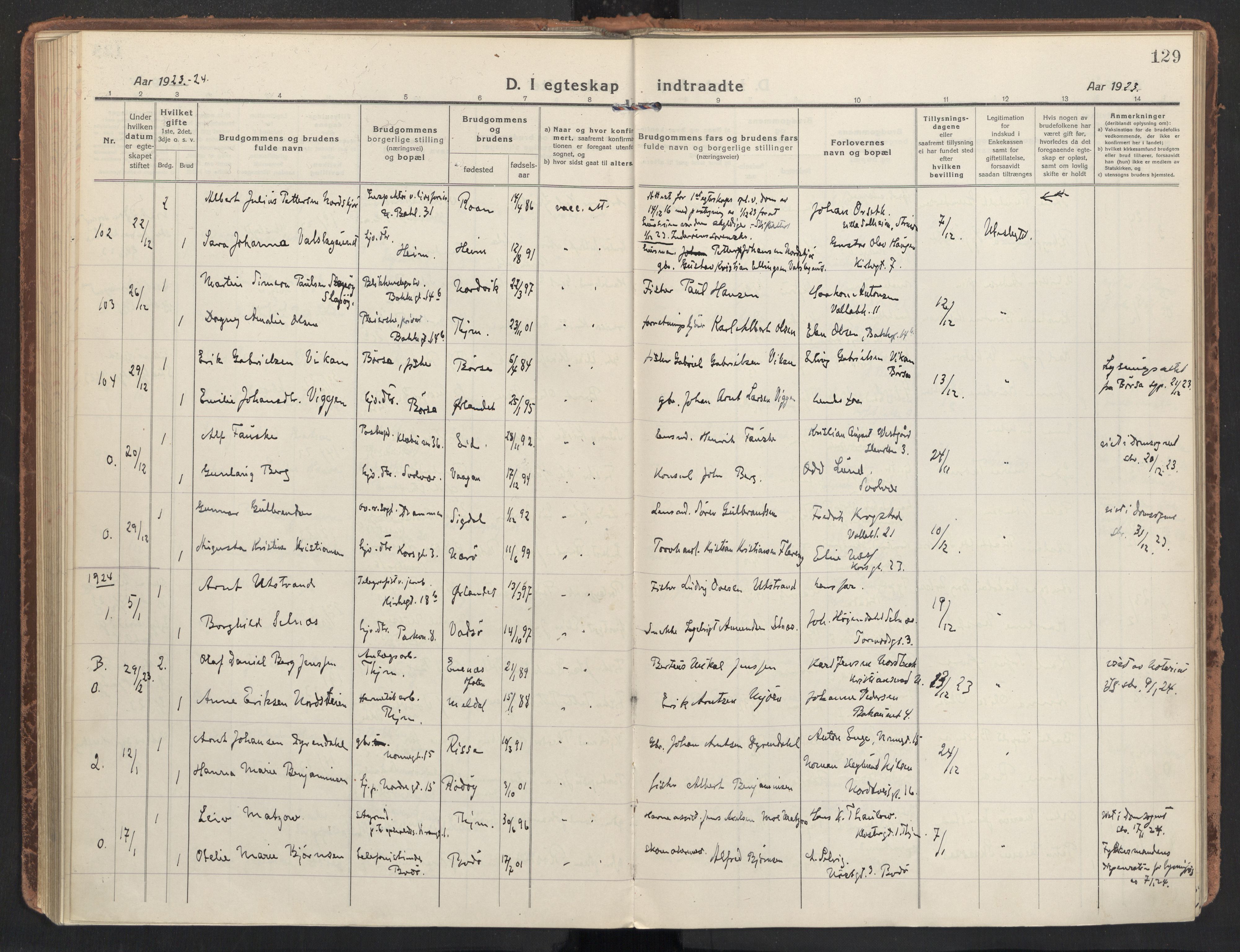 Ministerialprotokoller, klokkerbøker og fødselsregistre - Sør-Trøndelag, AV/SAT-A-1456/604/L0206: Parish register (official) no. 604A26, 1917-1931, p. 129