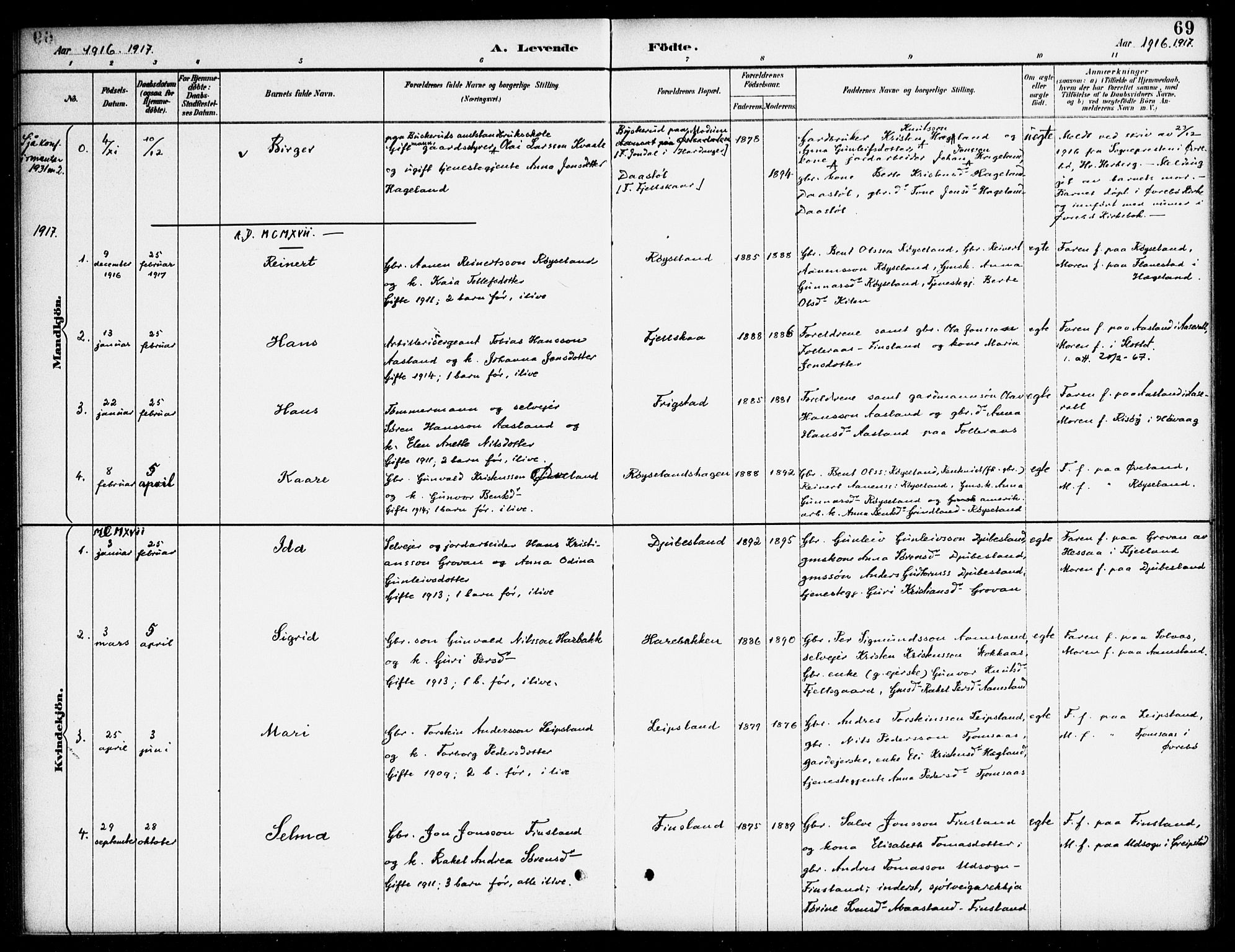 Bjelland sokneprestkontor, SAK/1111-0005/F/Fa/Fab/L0004: Parish register (official) no. A 4, 1887-1920, p. 69