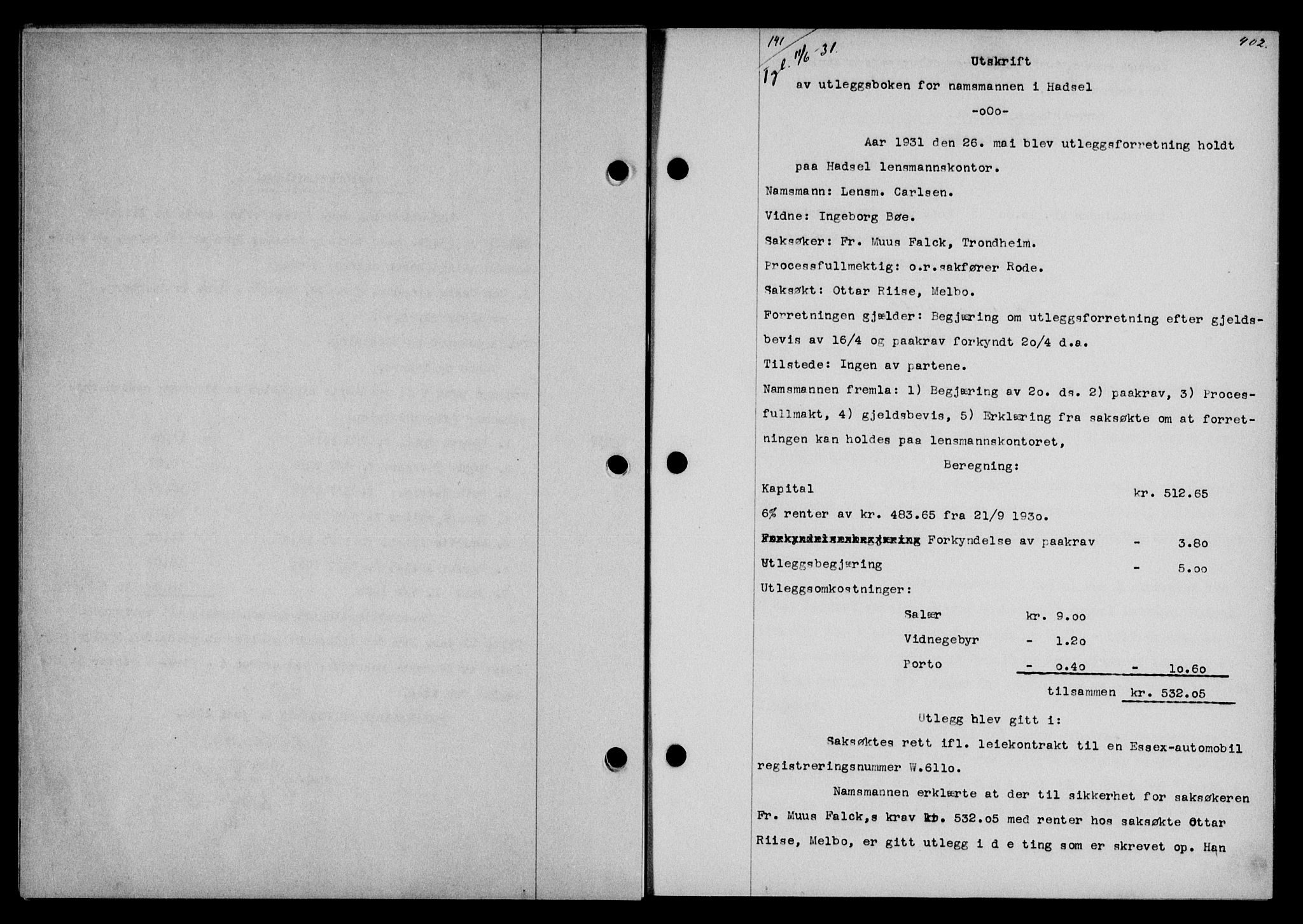 Vesterålen sorenskriveri, SAT/A-4180/1/2/2Ca/L0053: Mortgage book no. 46, 1931-1931, Deed date: 11.06.1931