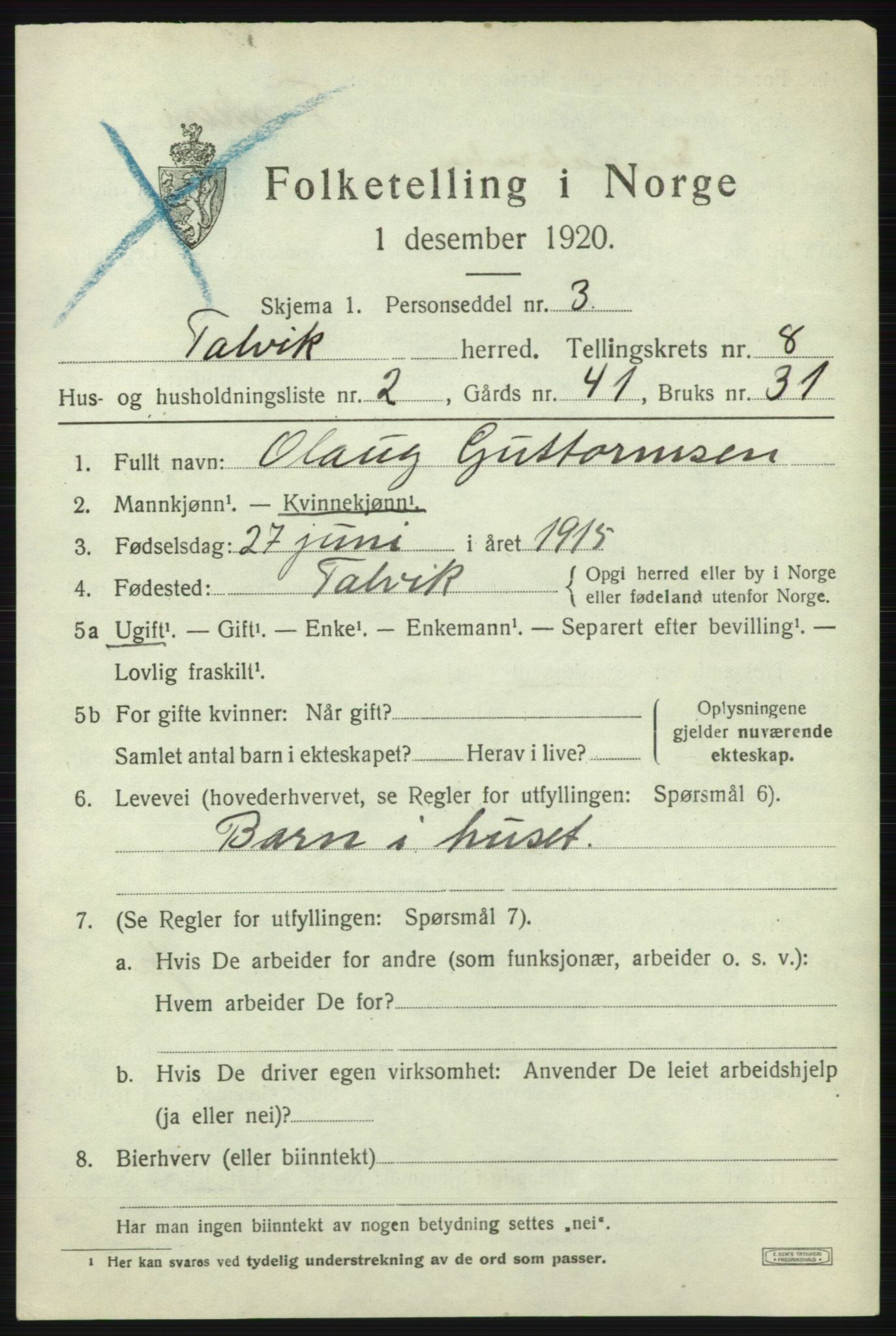 SATØ, 1920 census for Talvik, 1920, p. 4996