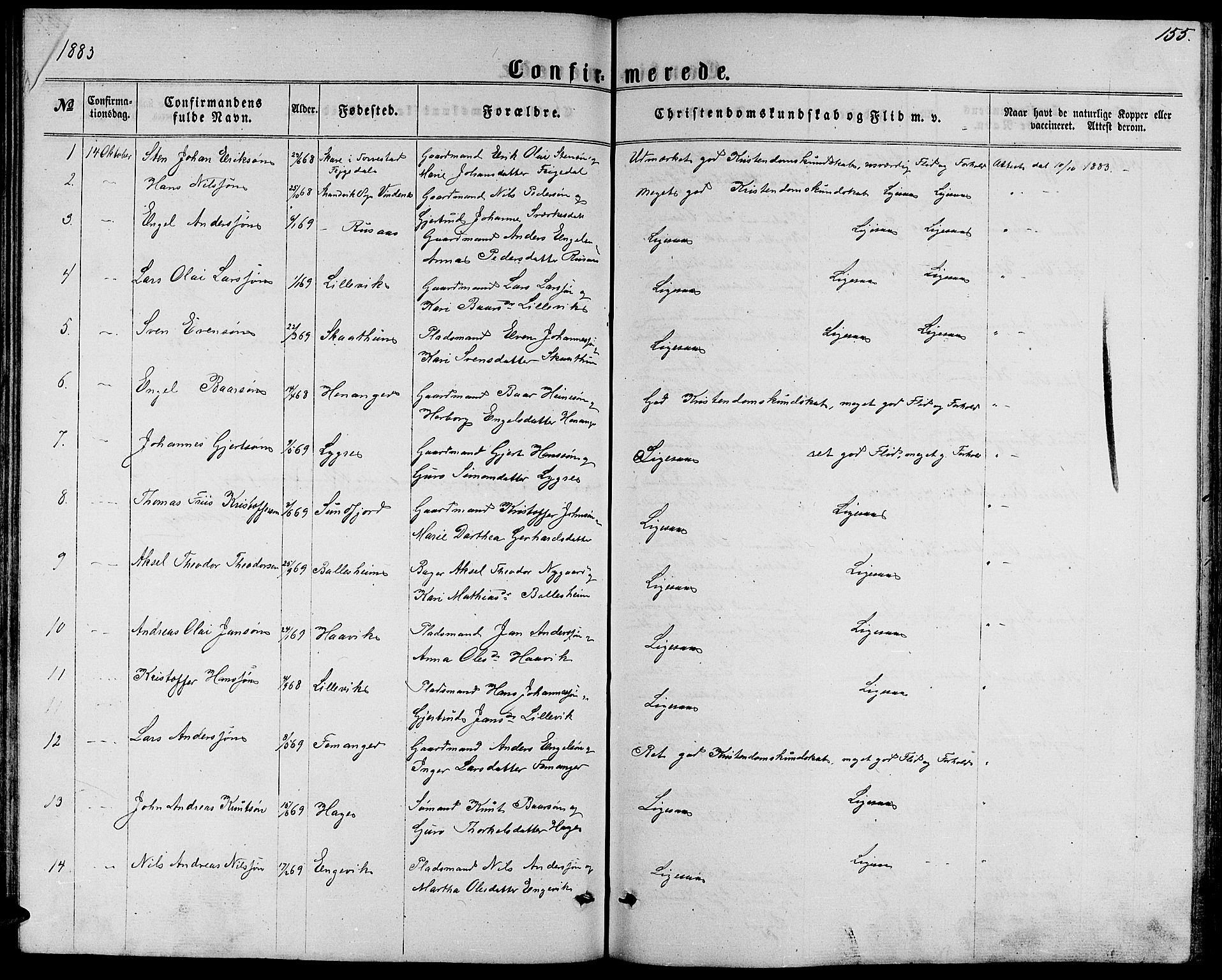 Fusa sokneprestembete, SAB/A-75401/H/Hab: Parish register (copy) no. C 1, 1861-1885, p. 155