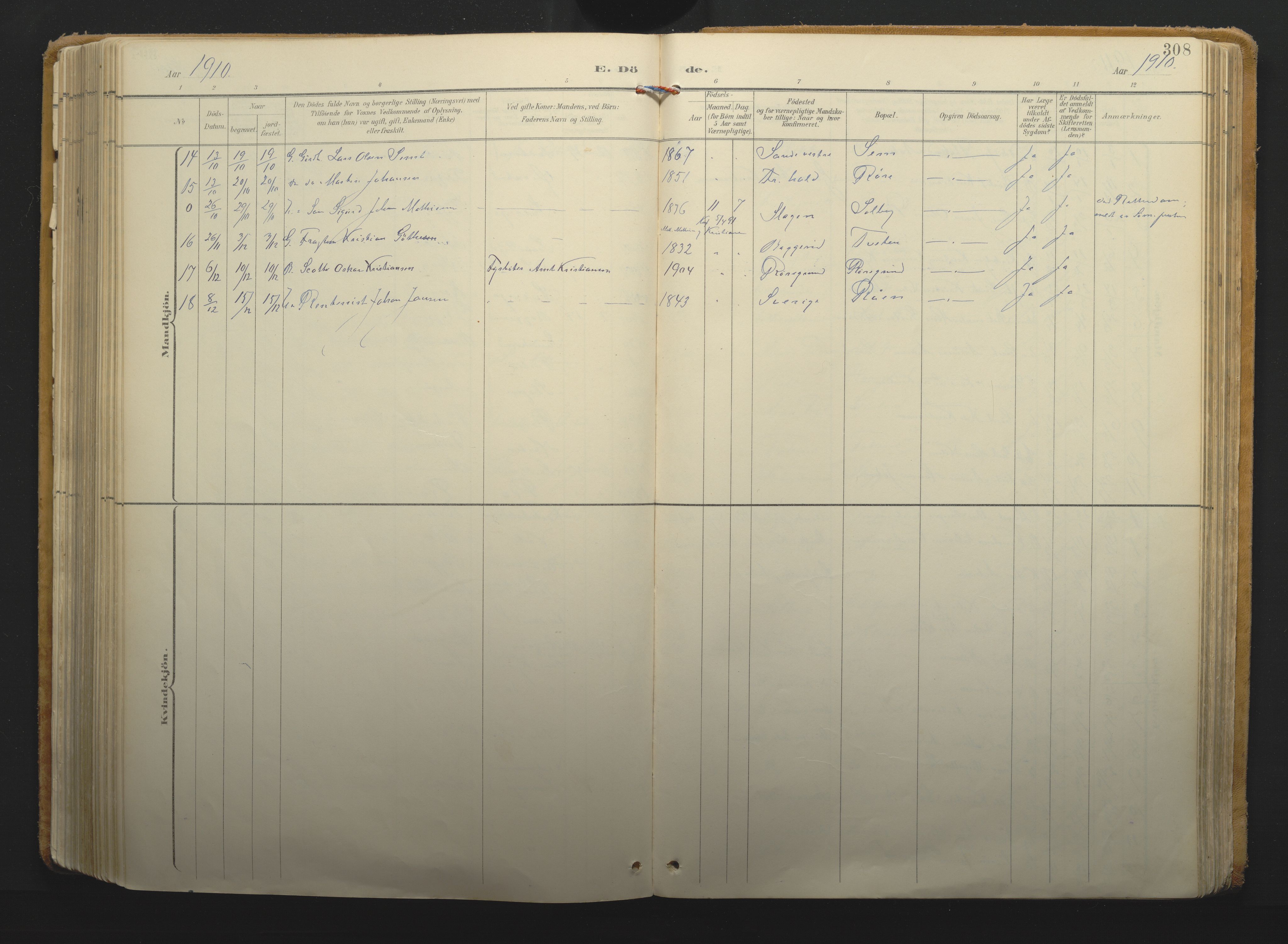 Borre kirkebøker, AV/SAKO-A-338/F/Fa/L0011: Parish register (official) no. I 11, 1897-1921, p. 308