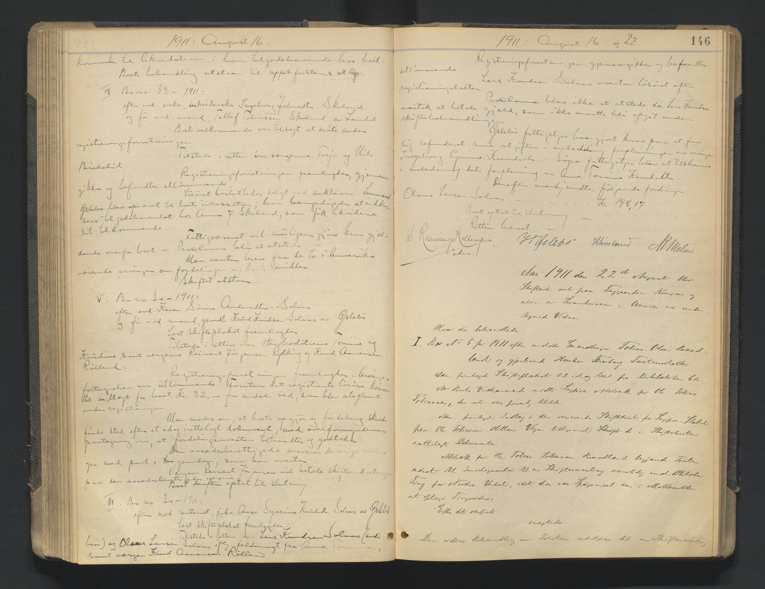 Mandal sorenskriveri, AV/SAK-1221-0005/001/H/Hc/L0081: Skifteforhandlingsprotokoll nr 13, 1909-1913, p. 146