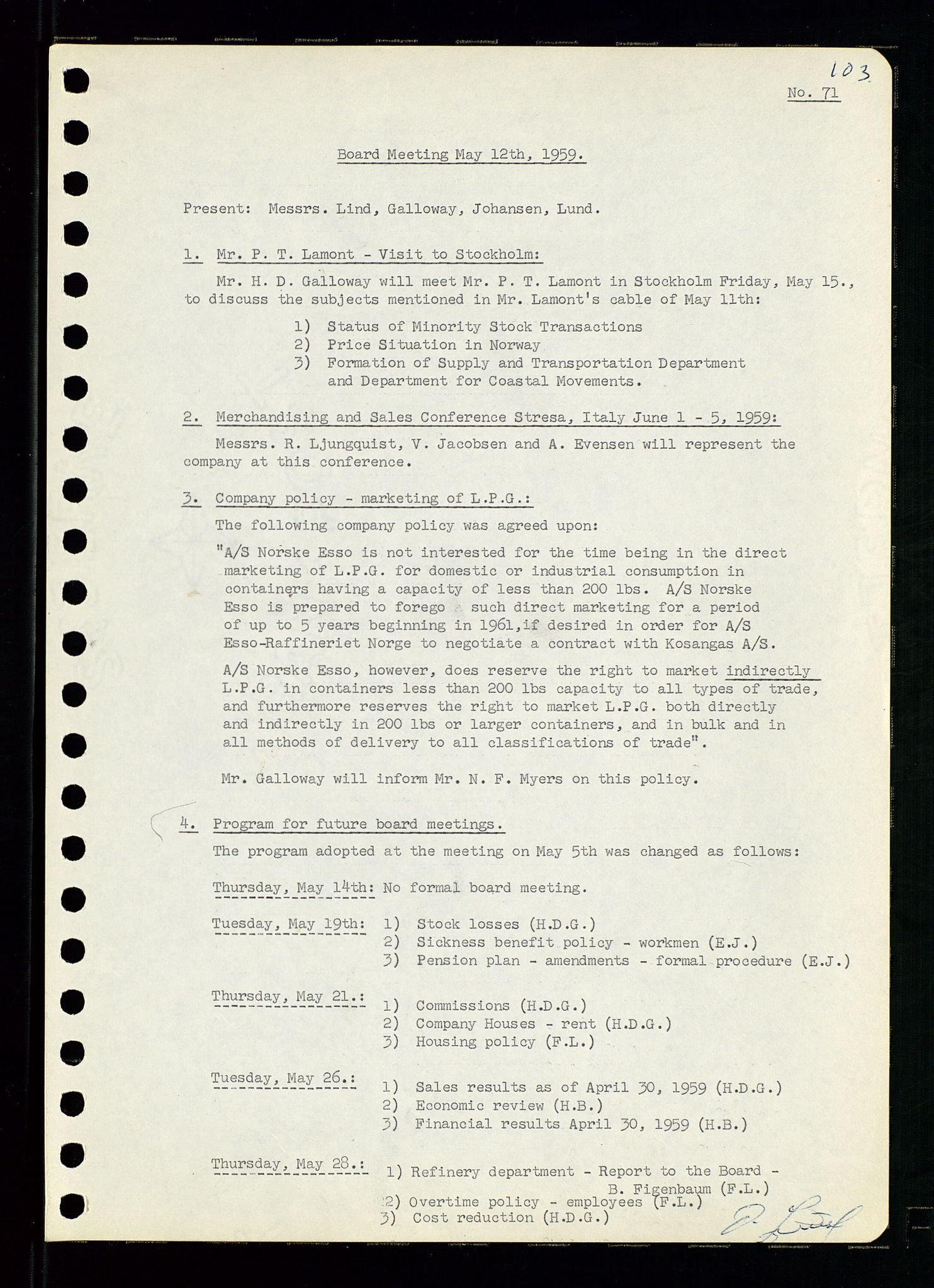Pa 0982 - Esso Norge A/S, SAST/A-100448/A/Aa/L0001/0001: Den administrerende direksjon Board minutes (styrereferater) / Den administrerende direksjon Board minutes (styrereferater), 1958-1959, p. 103