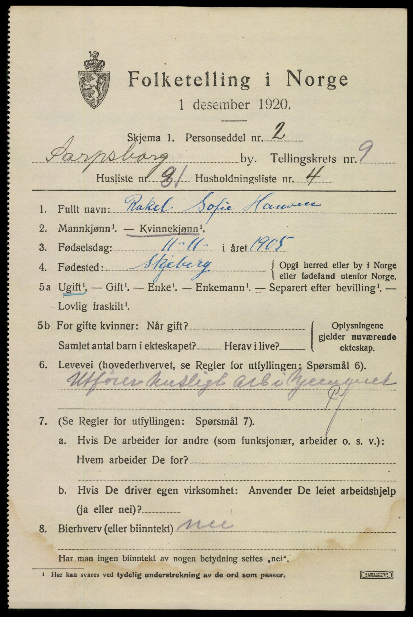 SAO, 1920 census for Sarpsborg, 1920, p. 20730