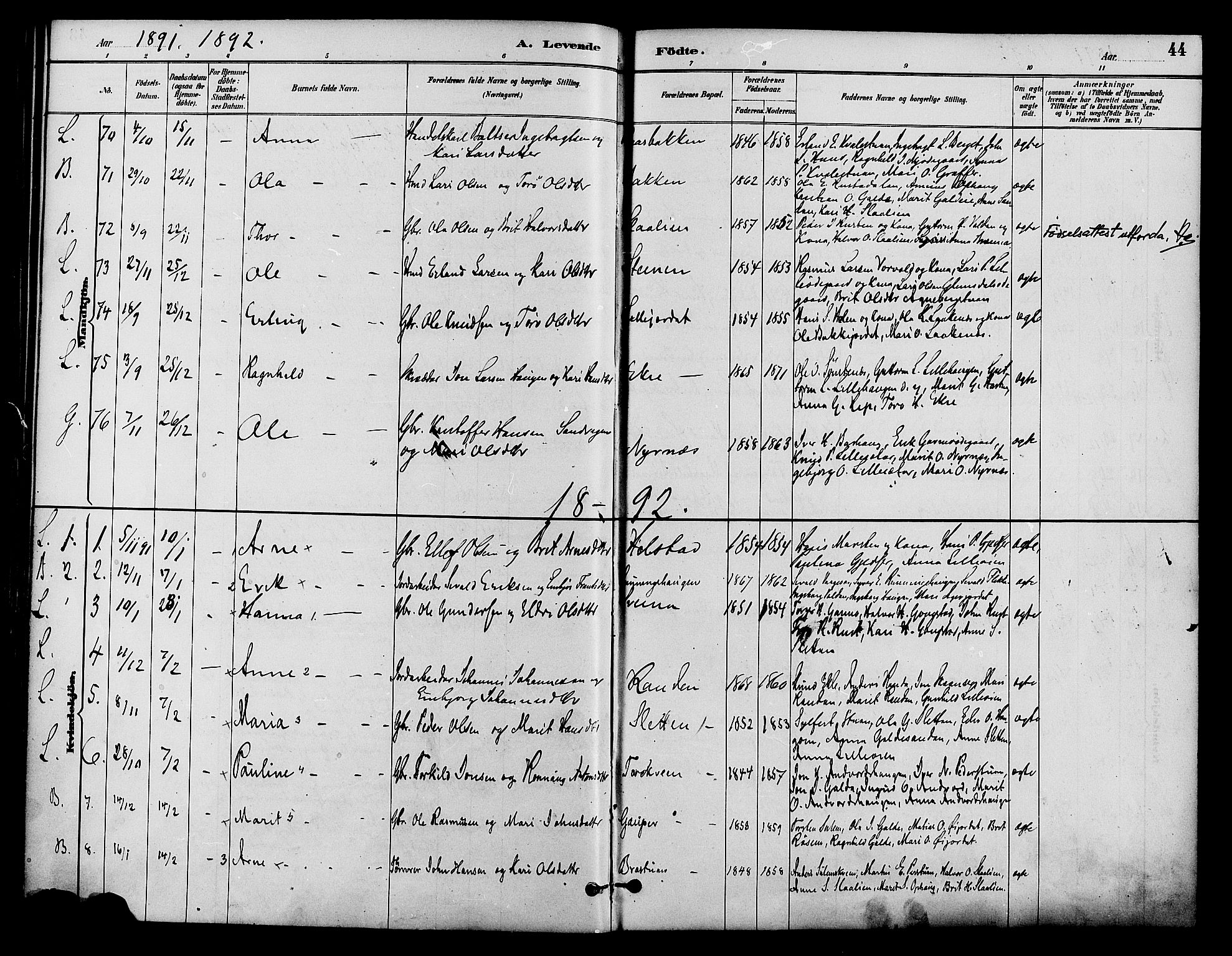 Lom prestekontor, AV/SAH-PREST-070/K/L0008: Parish register (official) no. 8, 1885-1898, p. 44