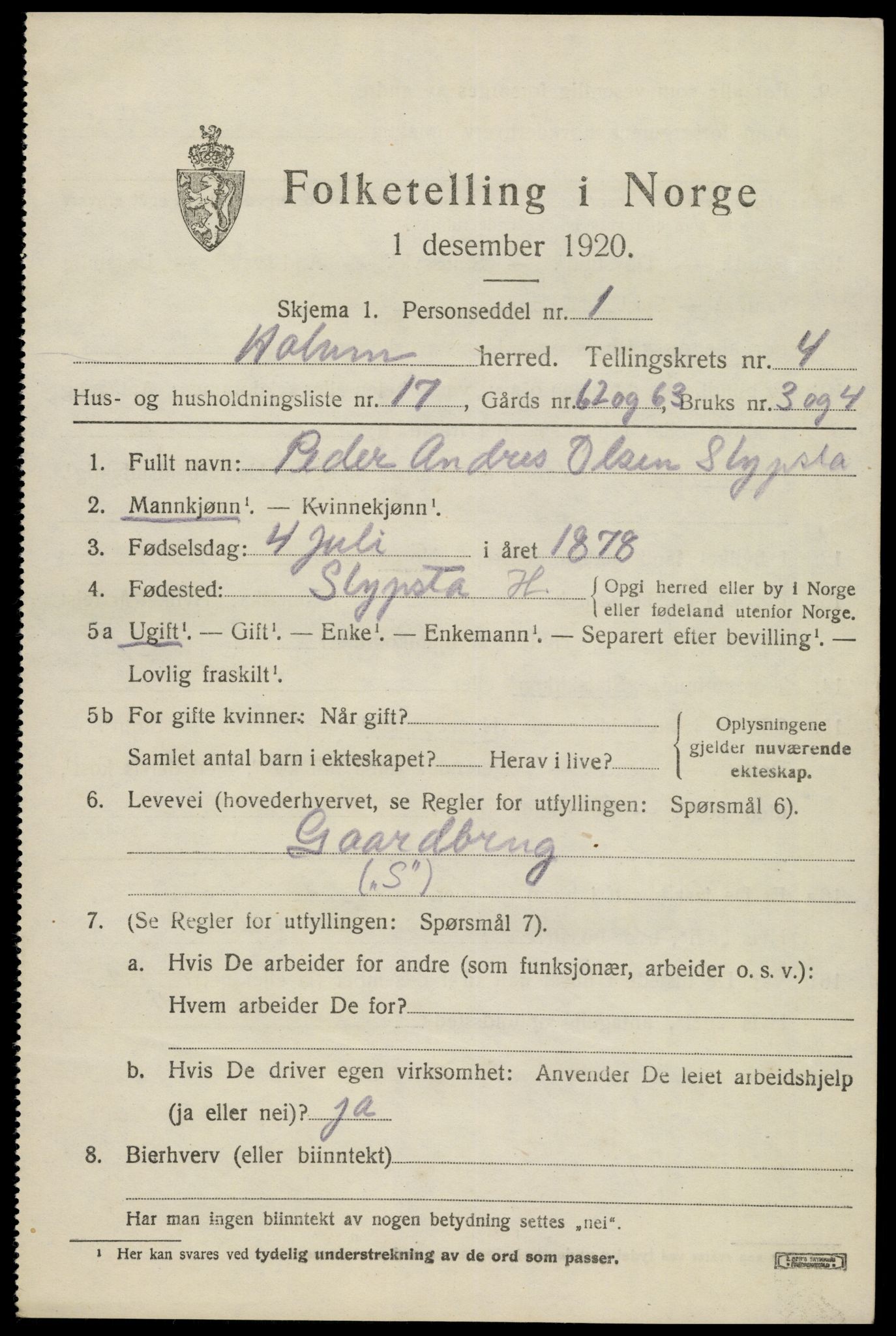 SAK, 1920 census for Holum, 1920, p. 2099