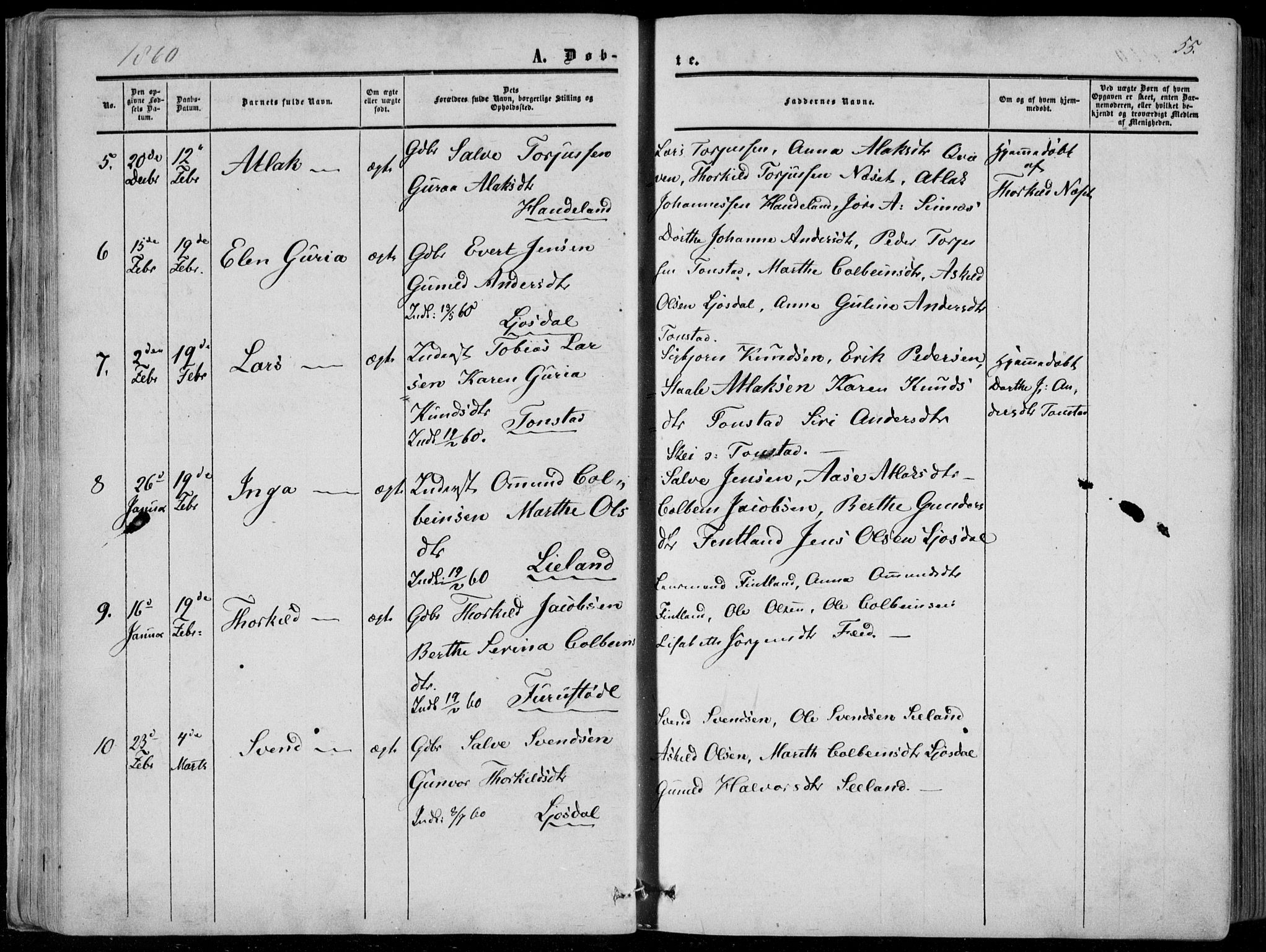 Sirdal sokneprestkontor, AV/SAK-1111-0036/F/Fa/Fab/L0002: Parish register (official) no. A 2, 1855-1874, p. 55