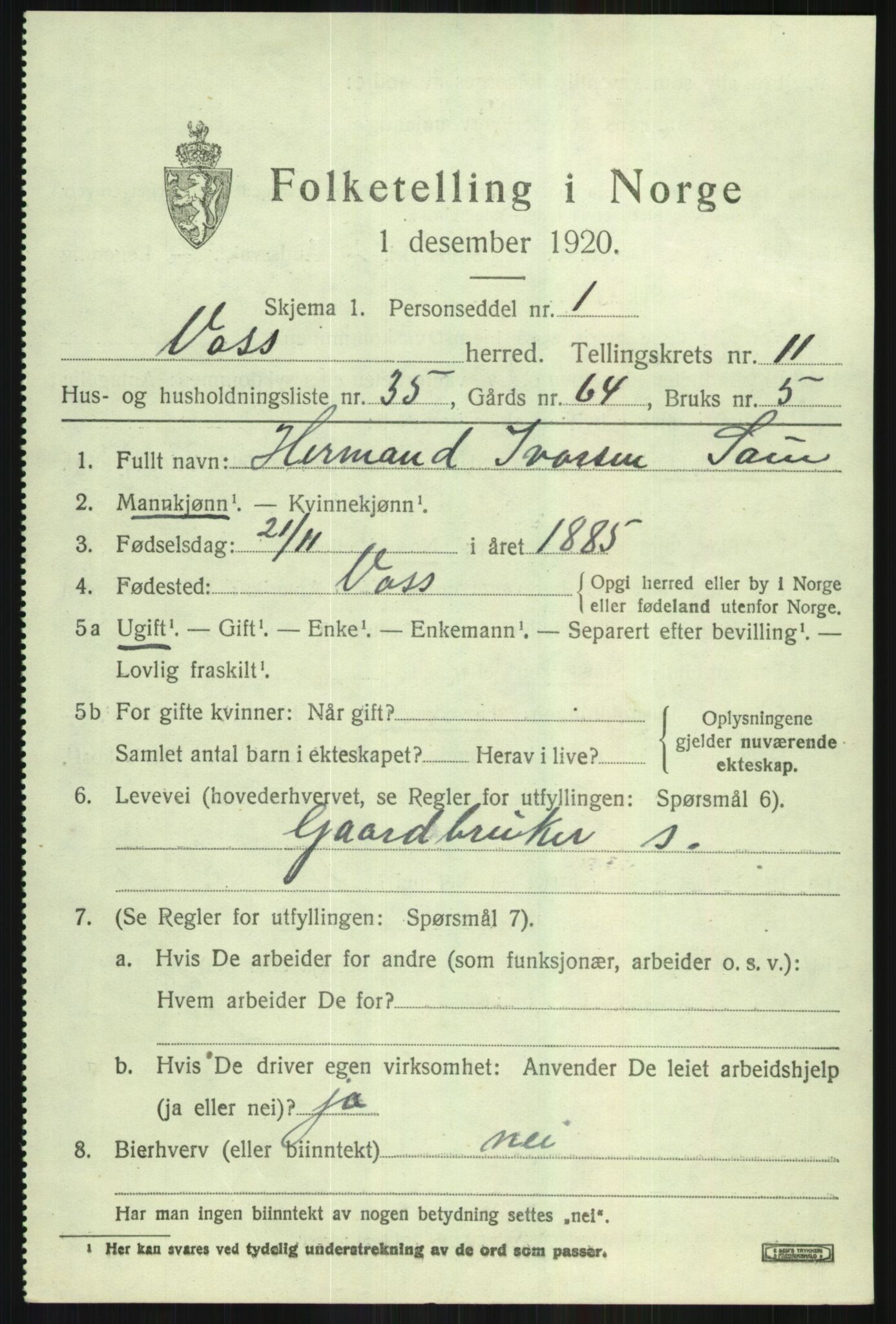 SAB, 1920 census for Voss, 1920, p. 10479