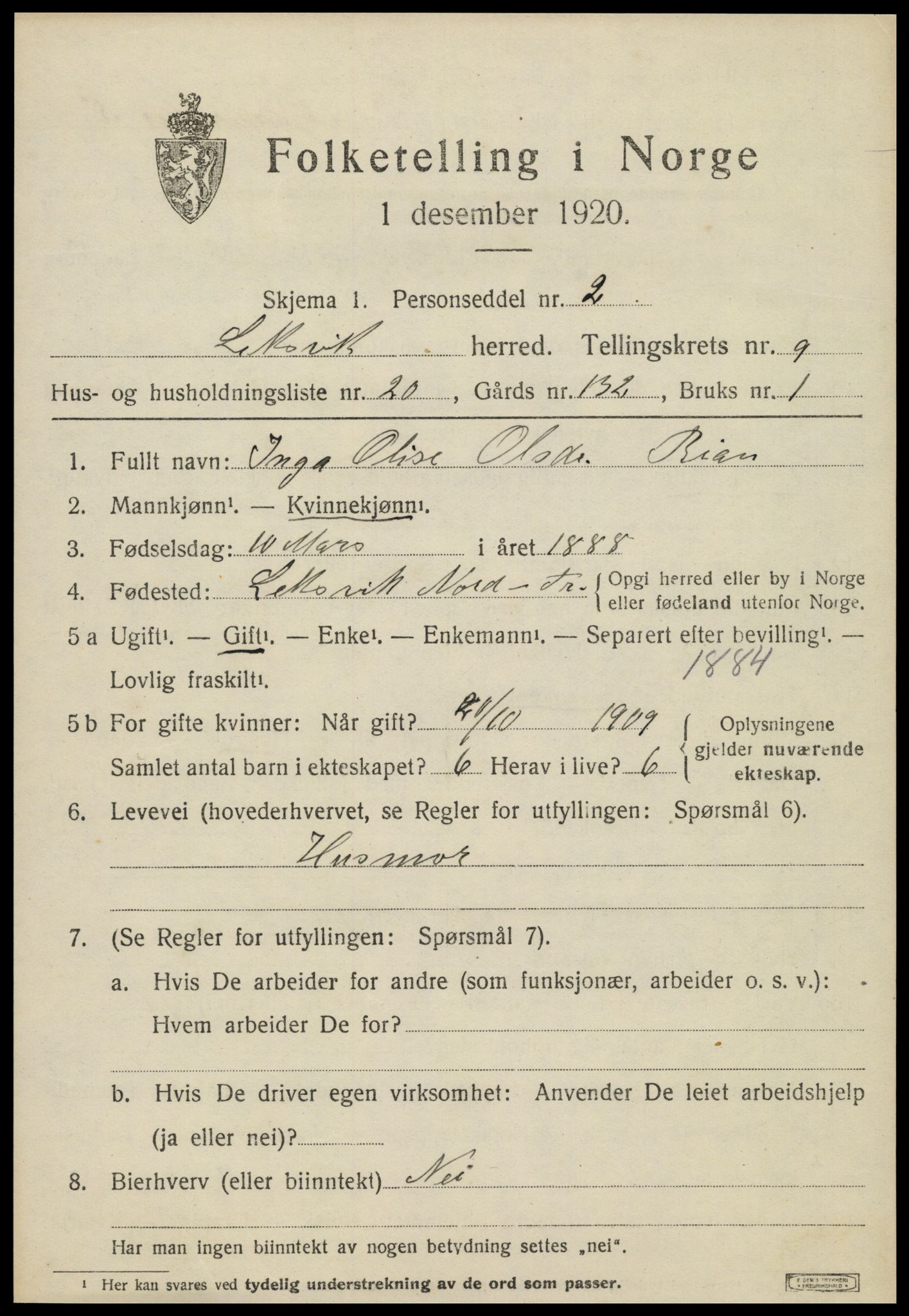 SAT, 1920 census for Leksvik, 1920, p. 7158
