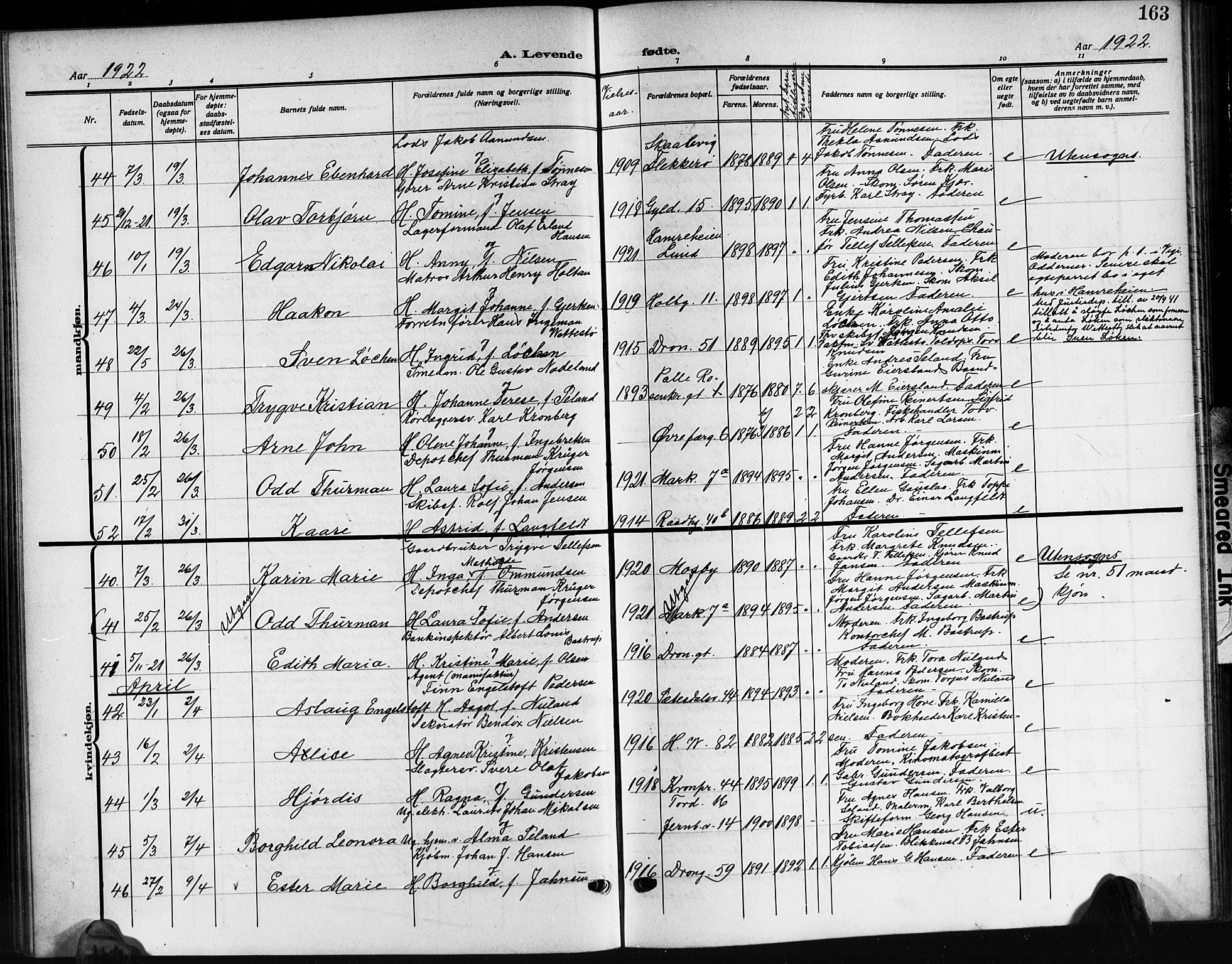 Kristiansand domprosti, SAK/1112-0006/F/Fb/L0021: Parish register (copy) no. B 21, 1914-1923, p. 163