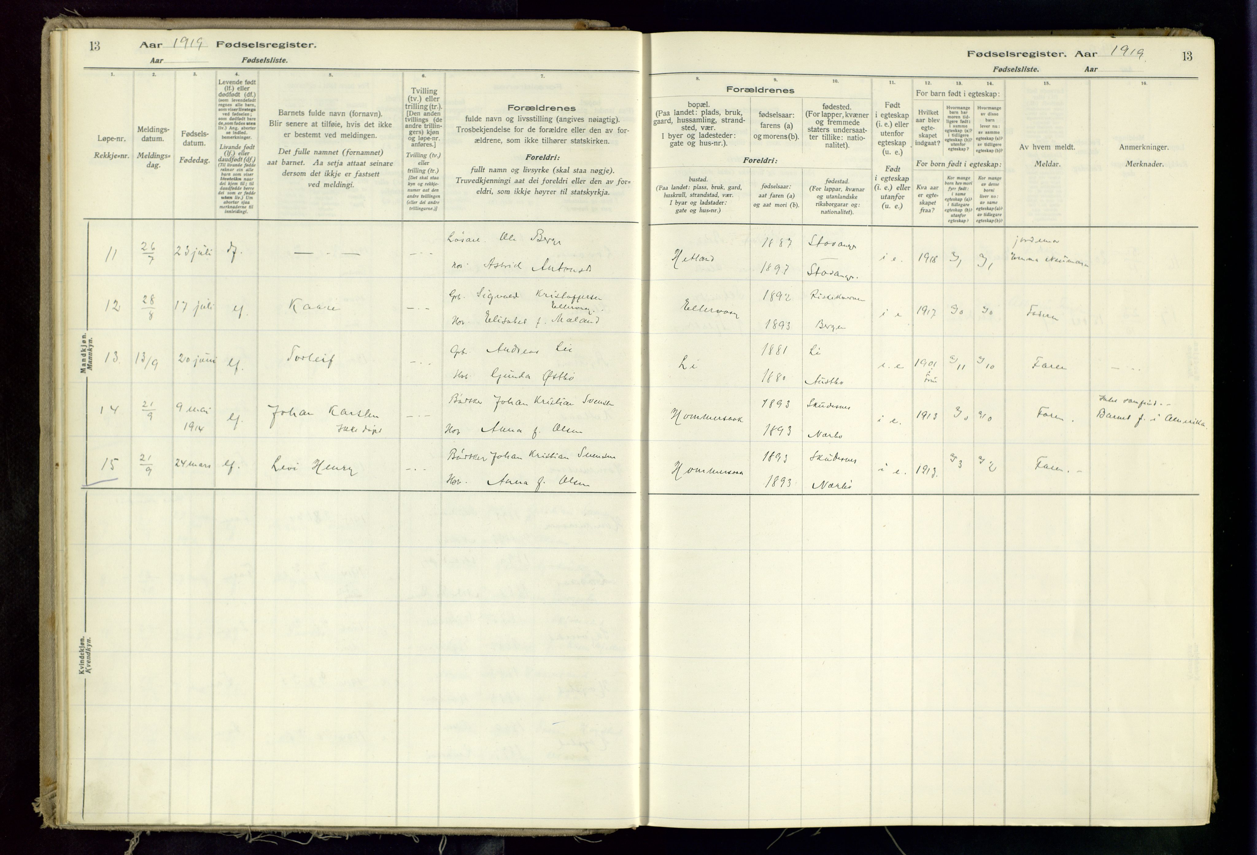 Hetland sokneprestkontor, AV/SAST-A-101826/70/704BA/L0002: Birth register no. 2, 1916-1968, p. 13