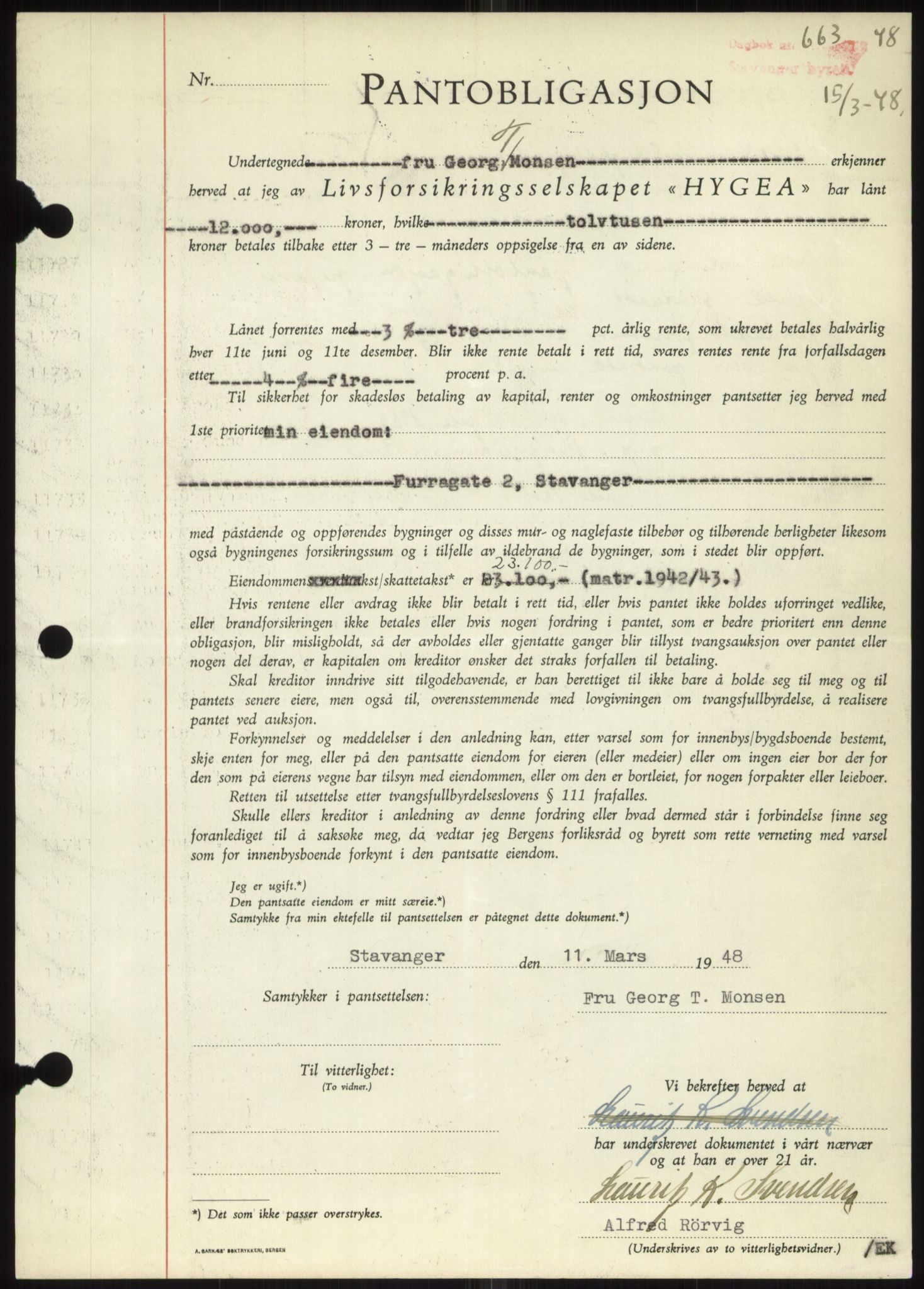 Stavanger byrett, SAST/A-100455/002/G/Gb/L0032: Mortgage book, 1947-1950, Diary no: : 663/1948