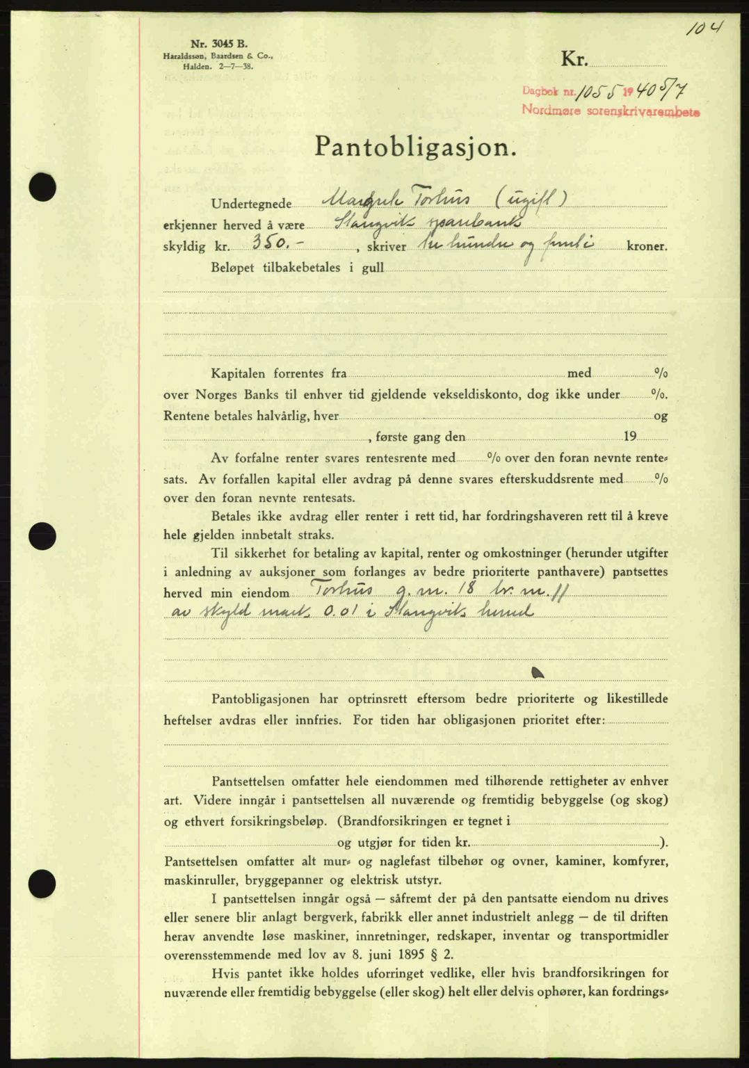 Nordmøre sorenskriveri, AV/SAT-A-4132/1/2/2Ca: Mortgage book no. B87, 1940-1941, Diary no: : 1055/1940