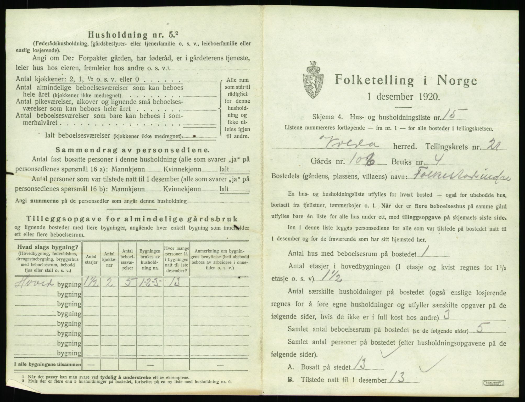 SAT, 1920 census for Volda, 1920, p. 1490