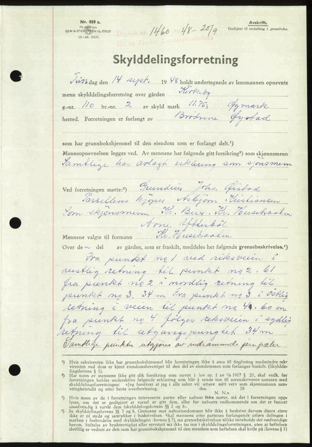 Idd og Marker sorenskriveri, AV/SAO-A-10283/G/Gb/Gbb/L0011: Mortgage book no. A11, 1948-1949, Diary no: : 1460/1948