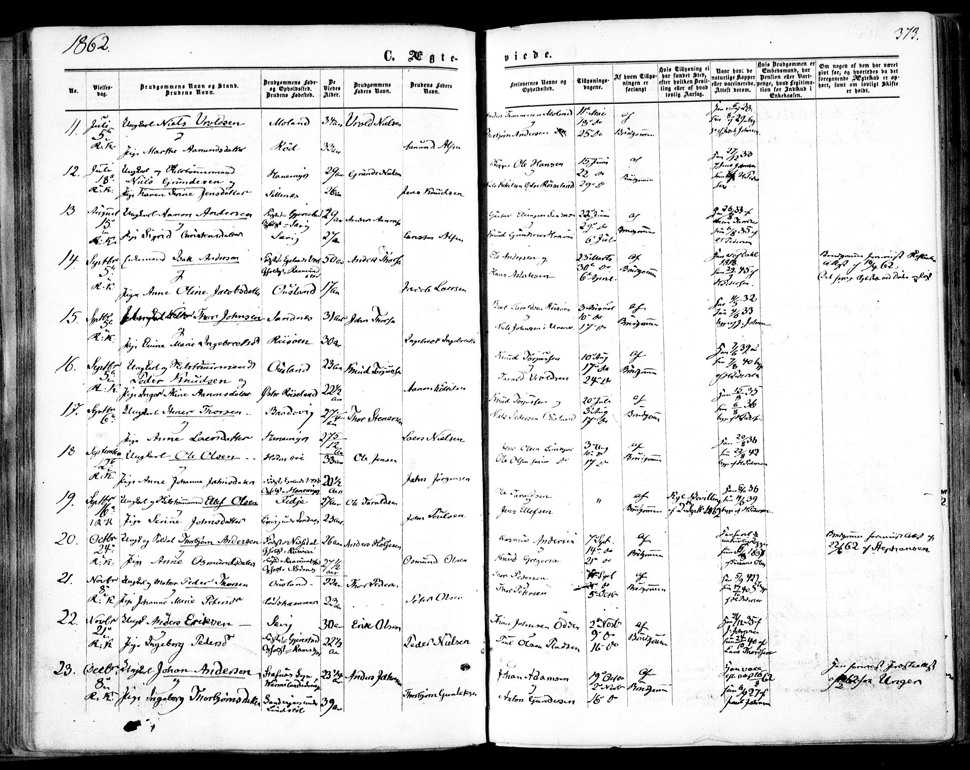 Søndeled sokneprestkontor, SAK/1111-0038/F/Fa/L0003: Parish register (official) no. A 3, 1861-1879, p. 373