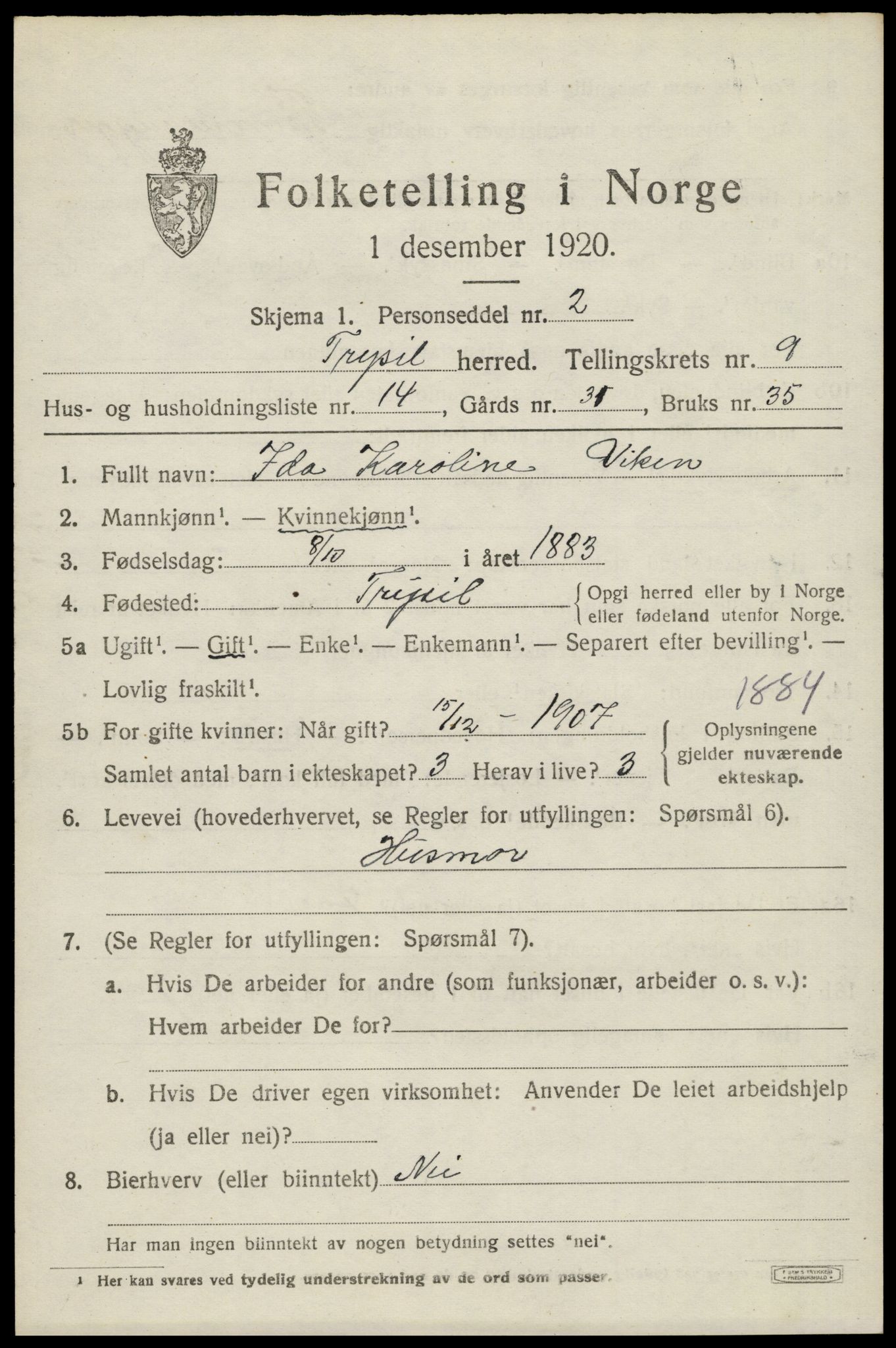 SAH, 1920 census for Trysil, 1920, p. 6691