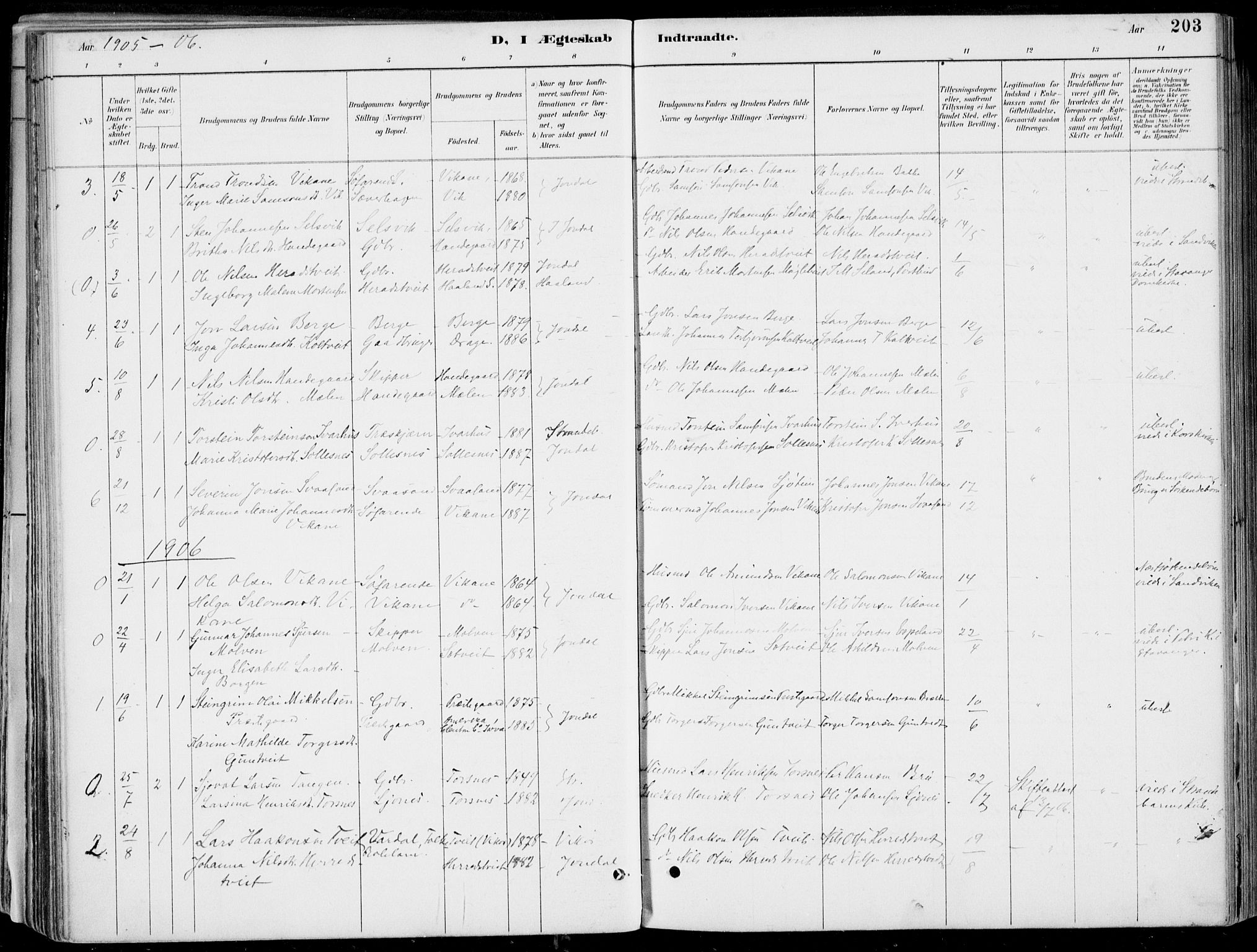 Strandebarm sokneprestembete, SAB/A-78401/H/Haa: Parish register (official) no. E  1, 1886-1908, p. 203