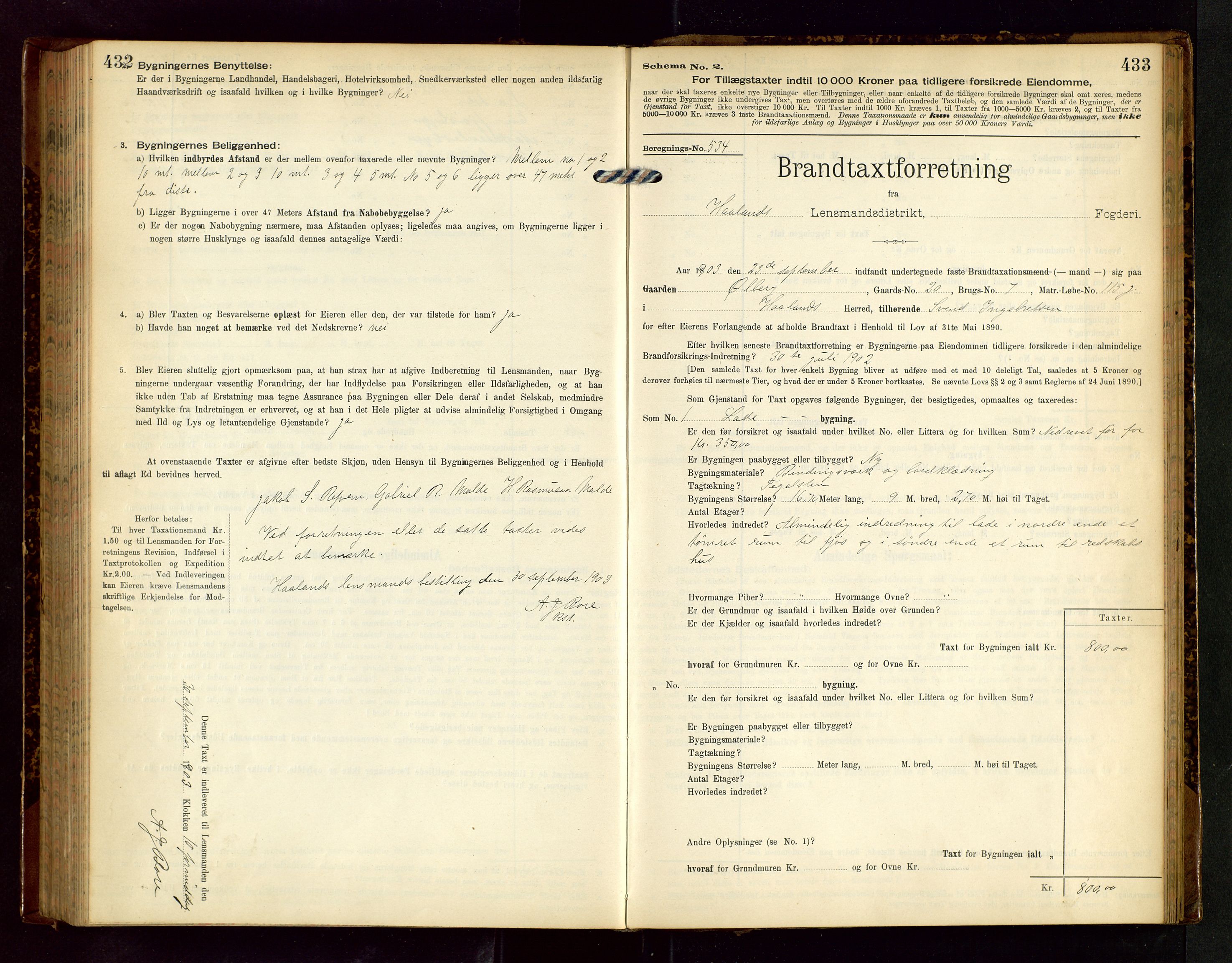 Håland lensmannskontor, AV/SAST-A-100100/Gob/L0002: Branntakstprotokoll - skjematakst. Register i boken., 1902-1906, p. 432-433