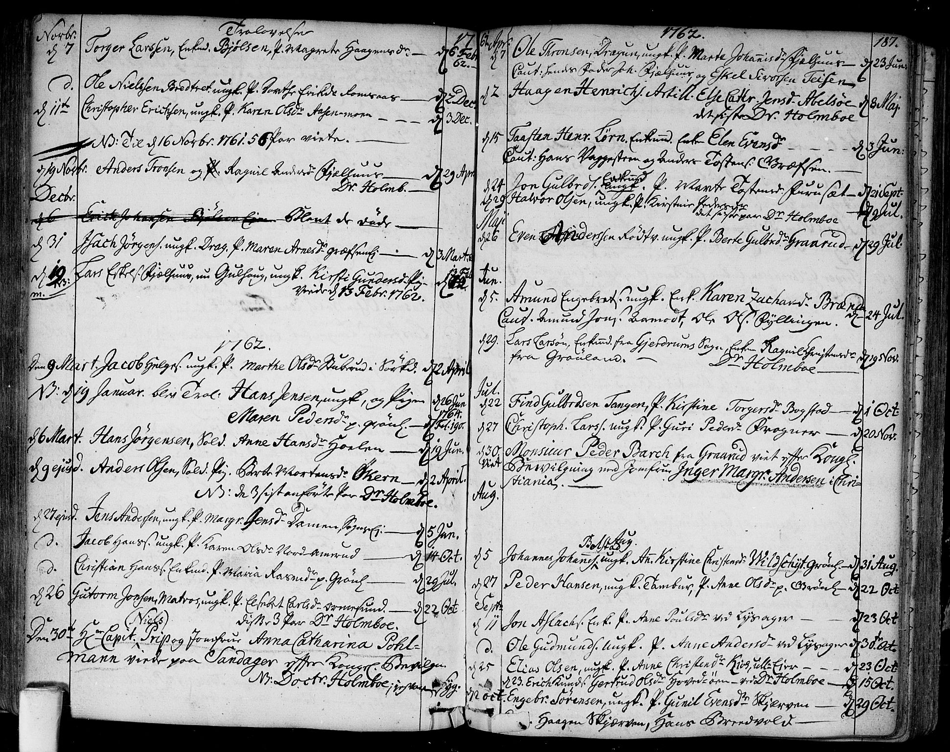 Aker prestekontor kirkebøker, SAO/A-10861/F/L0008: Parish register (official) no. 8, 1749-1765, p. 187