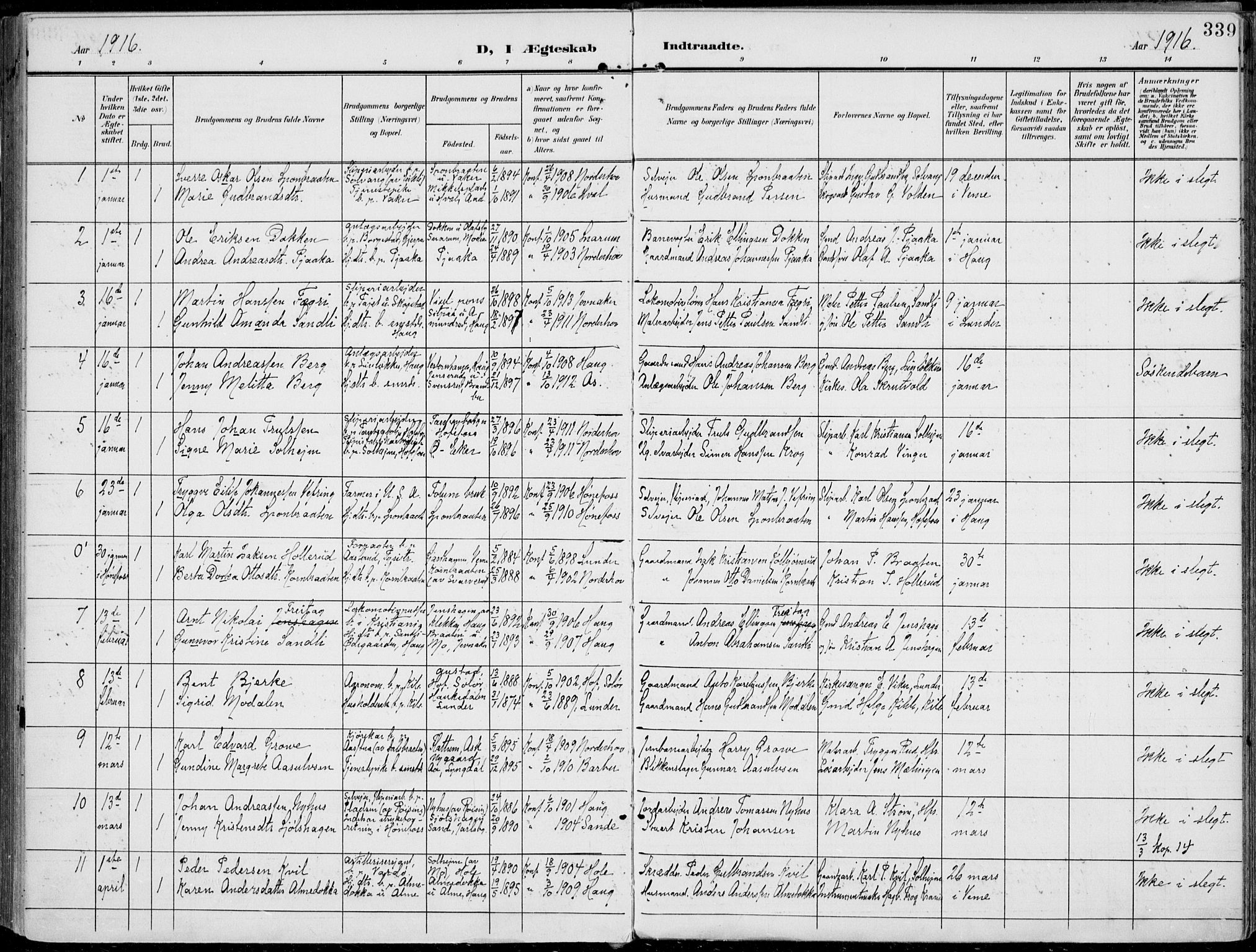 Norderhov kirkebøker, AV/SAKO-A-237/F/Fa/L0017: Parish register (official) no. 17, 1903-1919, p. 339