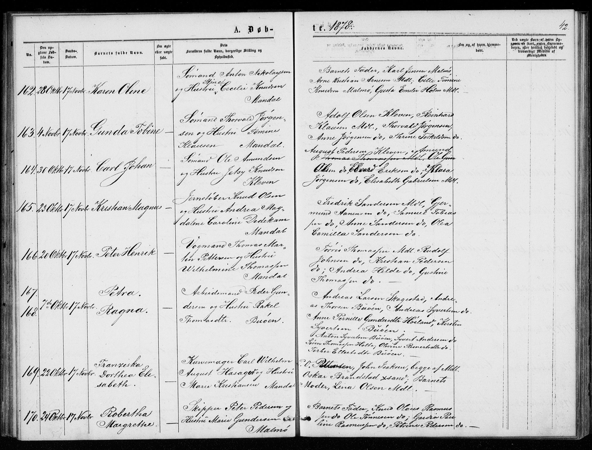 Mandal sokneprestkontor, AV/SAK-1111-0030/F/Fb/Fba/L0010: Parish register (copy) no. B 4, 1876-1880, p. 42