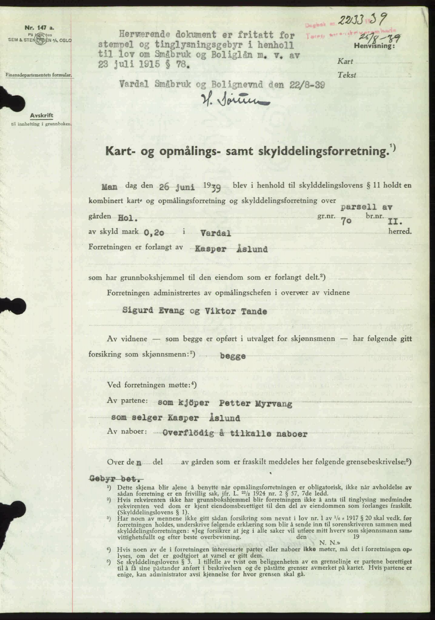Toten tingrett, SAH/TING-006/H/Hb/Hbc/L0006: Mortgage book no. Hbc-06, 1939-1939, Diary no: : 2233/1939