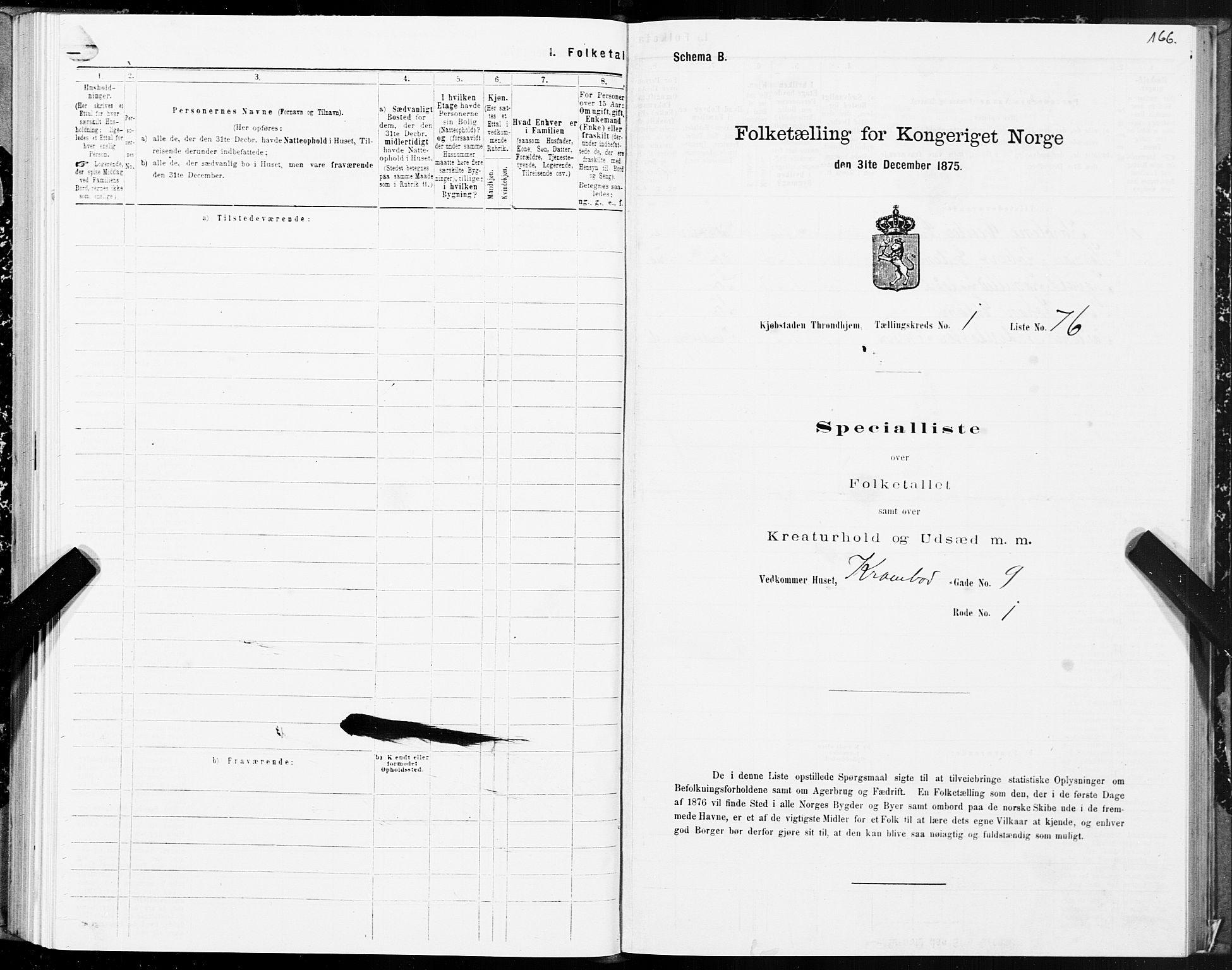SAT, 1875 census for 1601 Trondheim, 1875, p. 1166