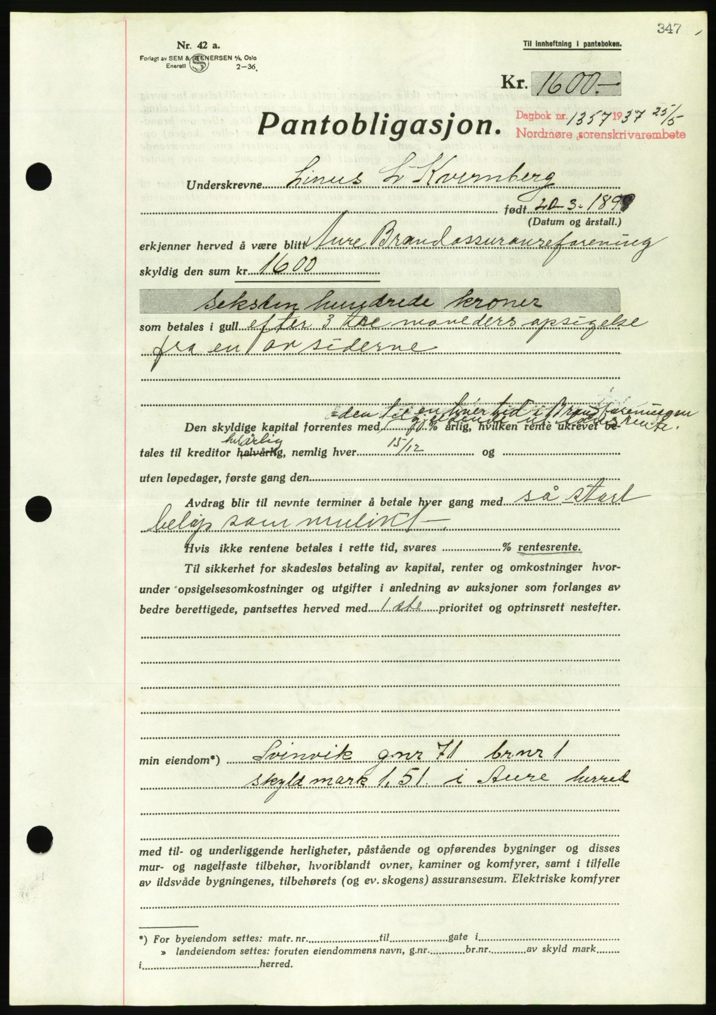 Nordmøre sorenskriveri, AV/SAT-A-4132/1/2/2Ca/L0091: Mortgage book no. B81, 1937-1937, Diary no: : 1357/1937