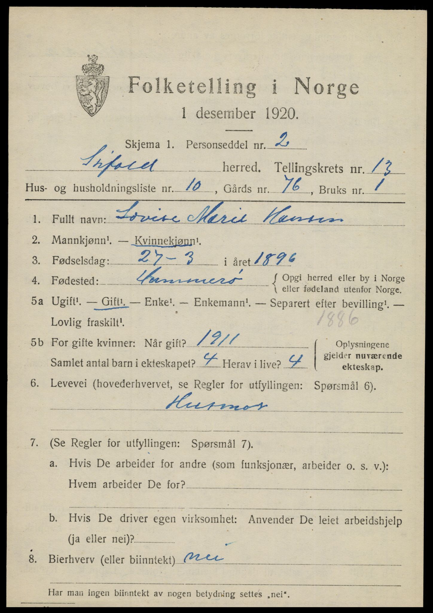 SAT, 1920 census for Sørfold, 1920, p. 6565