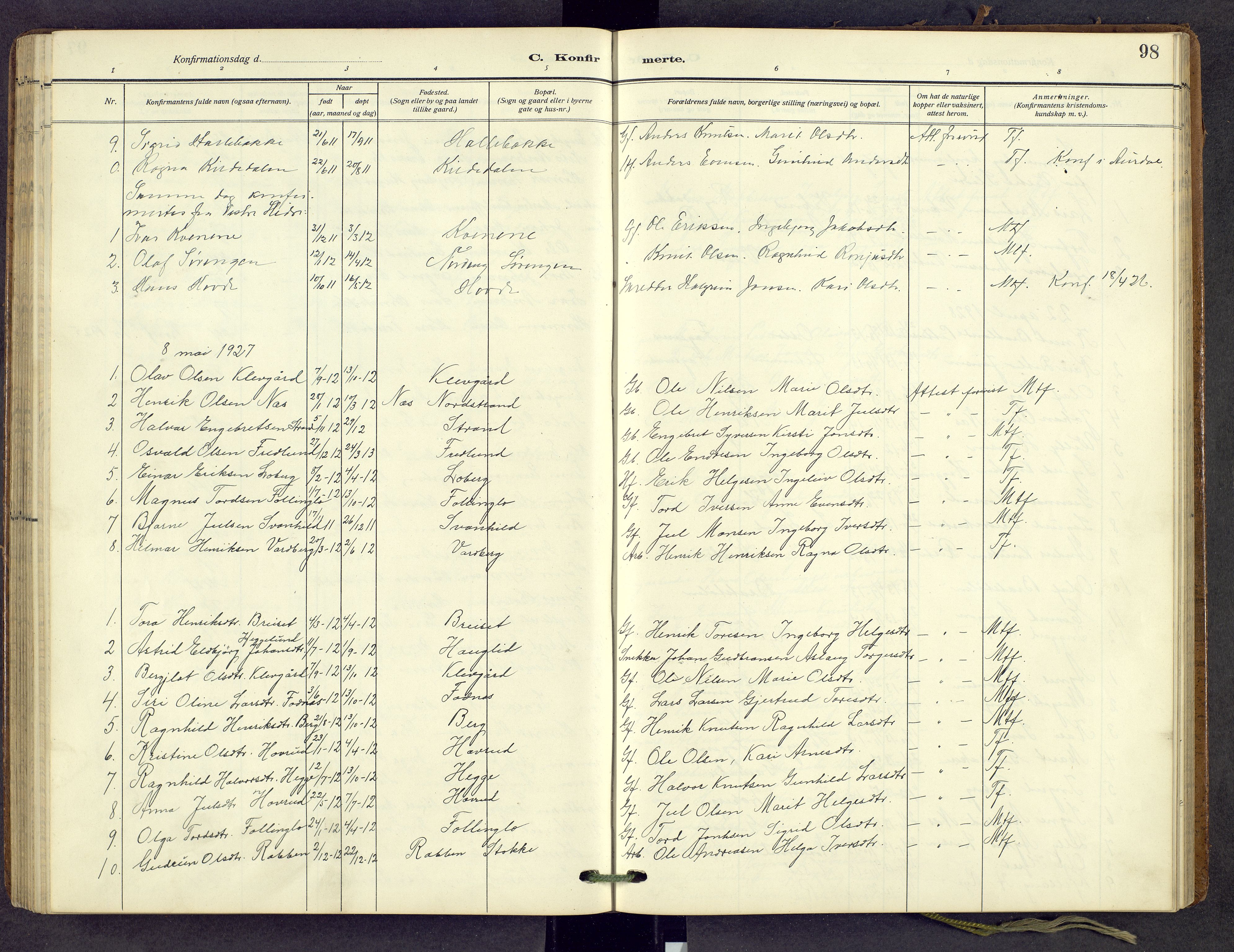 Nord-Aurdal prestekontor, SAH/PREST-132/H/Ha/Hab/L0013: Parish register (copy) no. 13, 1911-1948, p. 98