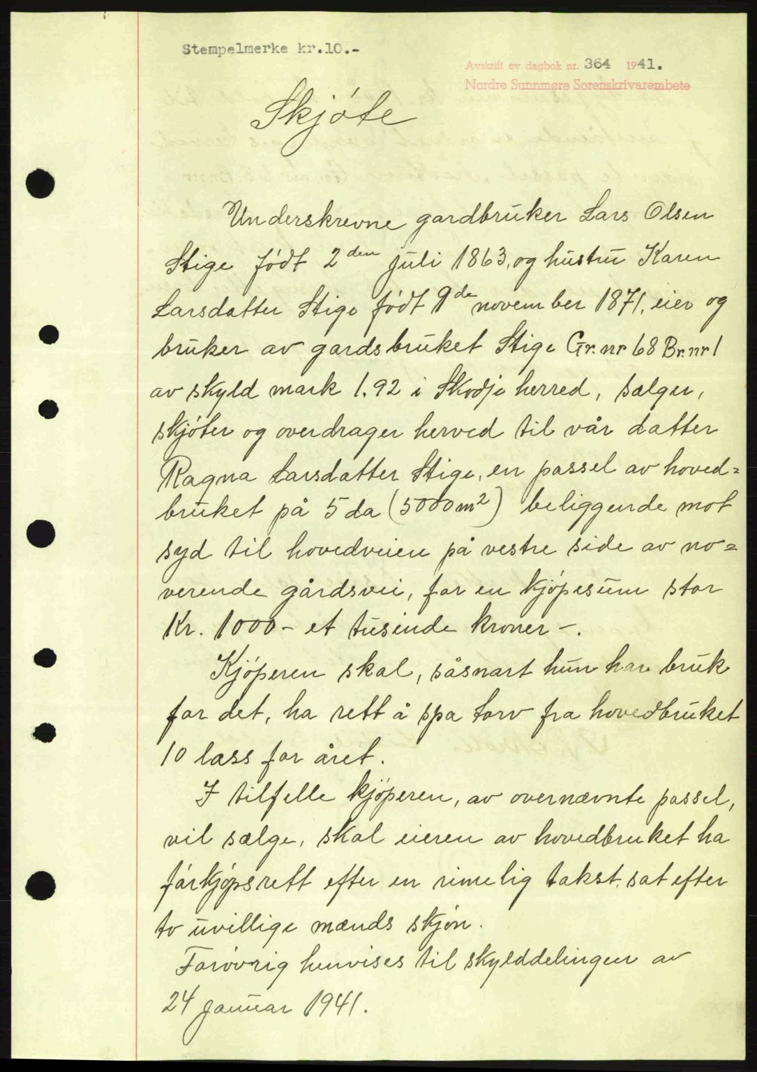 Nordre Sunnmøre sorenskriveri, AV/SAT-A-0006/1/2/2C/2Ca: Mortgage book no. A10, 1940-1941, Diary no: : 364/1941