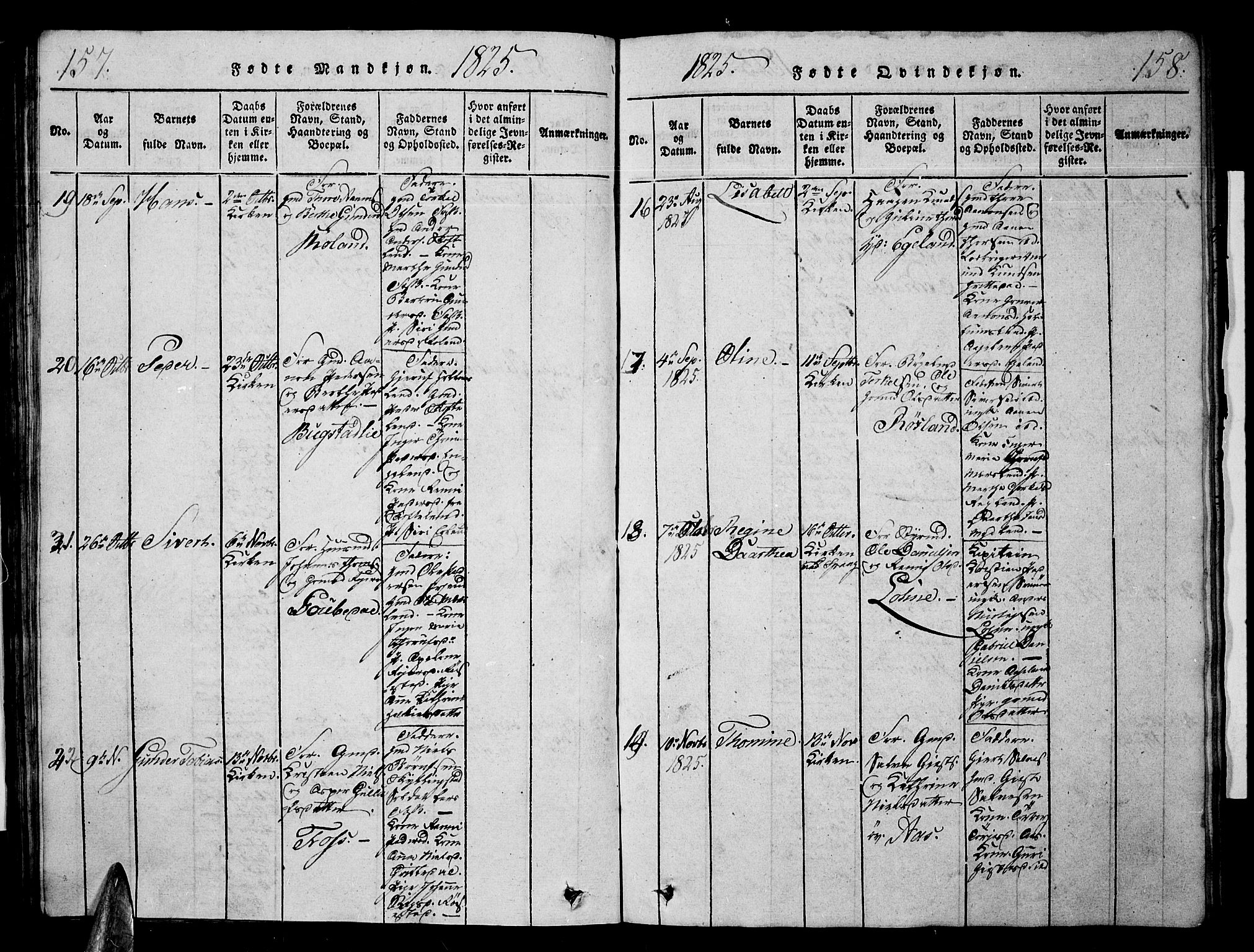 Sør-Audnedal sokneprestkontor, AV/SAK-1111-0039/F/Fb/Fbb/L0001: Parish register (copy) no. B 1, 1815-1827, p. 157-158