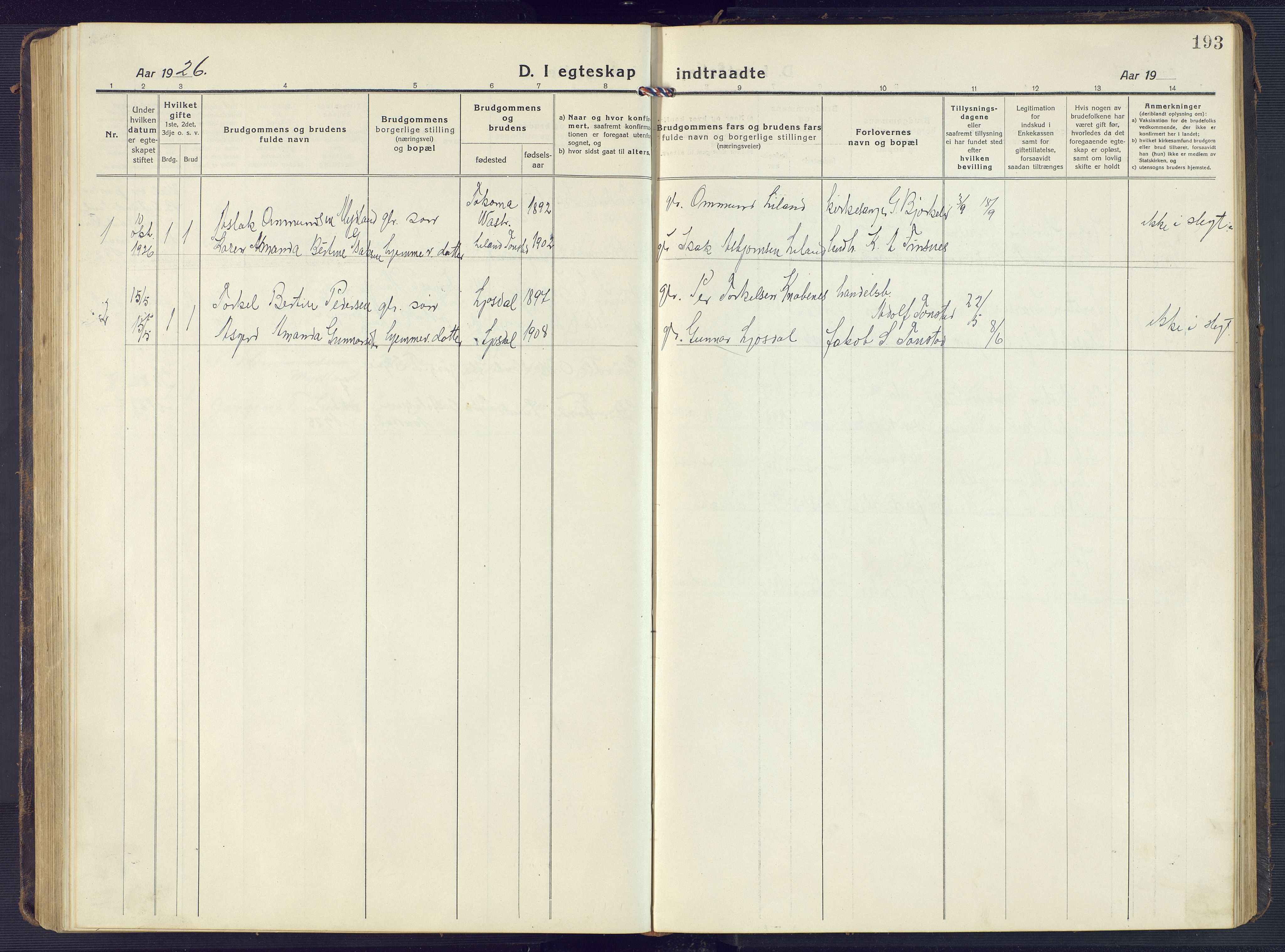 Sirdal sokneprestkontor, SAK/1111-0036/F/Fb/Fbb/L0005: Parish register (copy) no. B 5, 1916-1960, p. 193