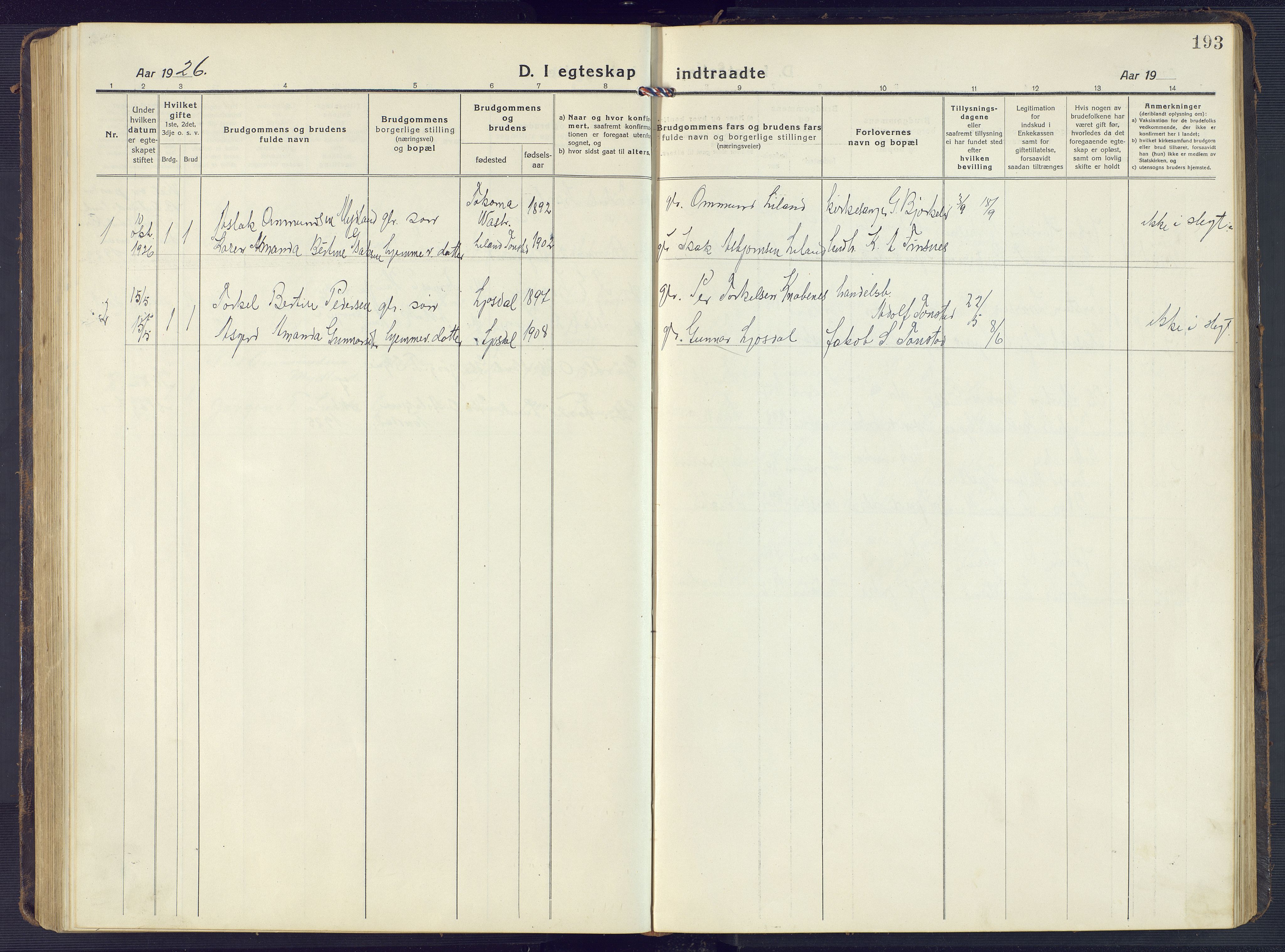 Sirdal sokneprestkontor, AV/SAK-1111-0036/F/Fb/Fbb/L0005: Parish register (copy) no. B 5, 1916-1960, p. 193