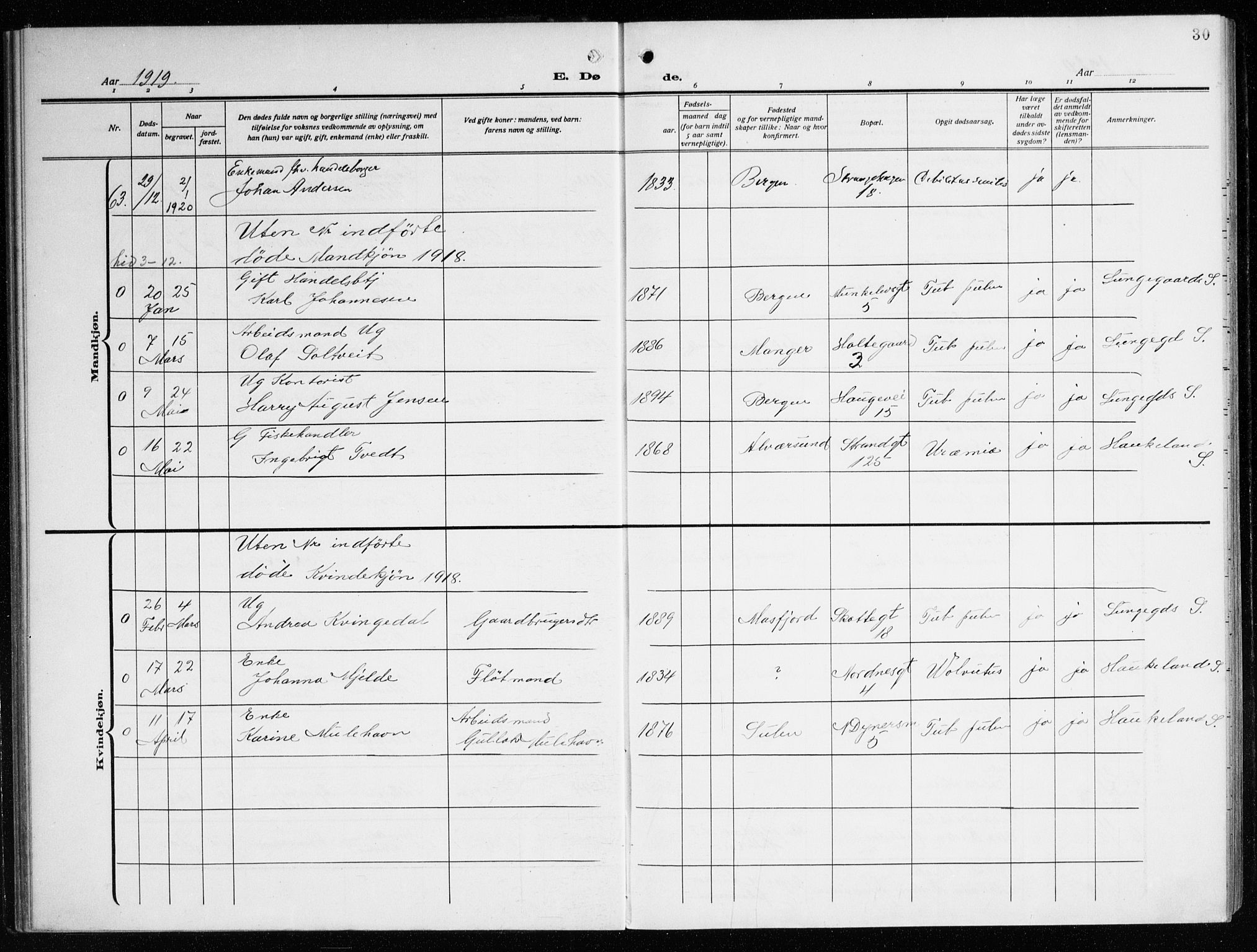 Nykirken Sokneprestembete, AV/SAB-A-77101/H/Haa/L0046: Parish register (official) no. E 6, 1918-1944, p. 30