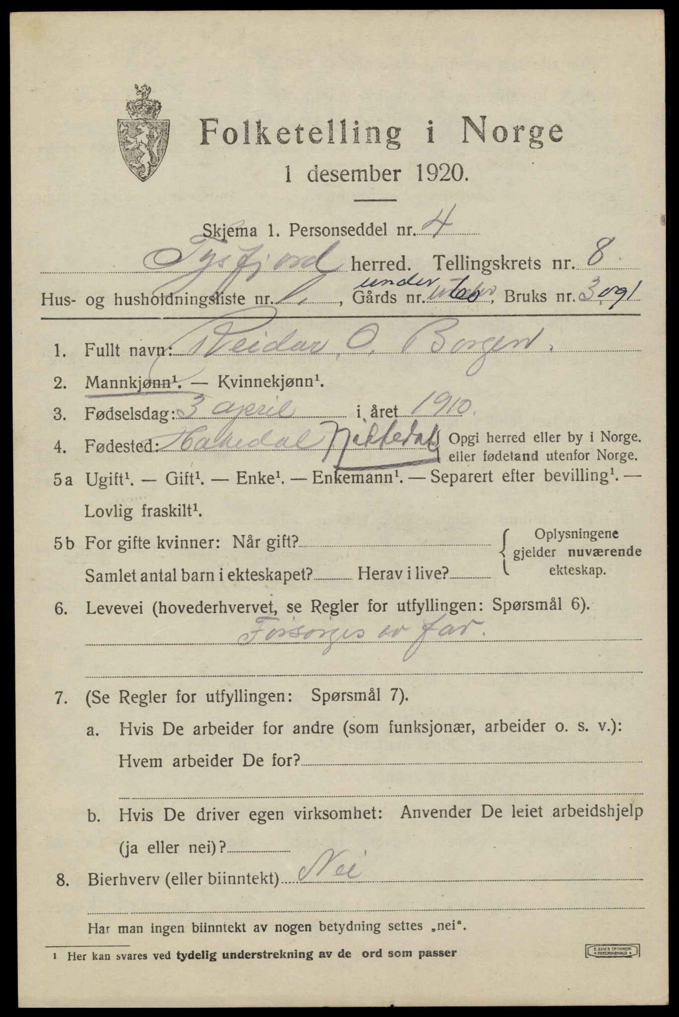 SAT, 1920 census for Tysfjord, 1920, p. 5867