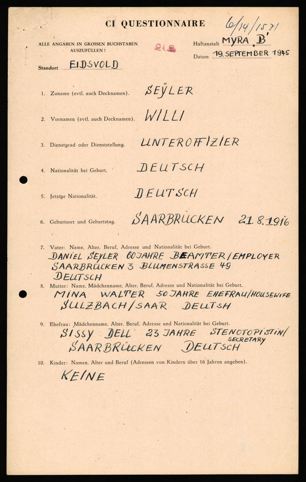 Forsvaret, Forsvarets overkommando II, AV/RA-RAFA-3915/D/Db/L0032: CI Questionaires. Tyske okkupasjonsstyrker i Norge. Tyskere., 1945-1946, p. 49