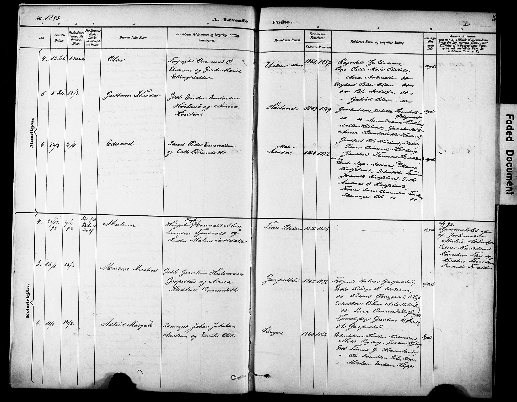 Lye sokneprestkontor, AV/SAST-A-101794/001/30BA/L0011: Parish register (official) no. A 9, 1893-1903, p. 5