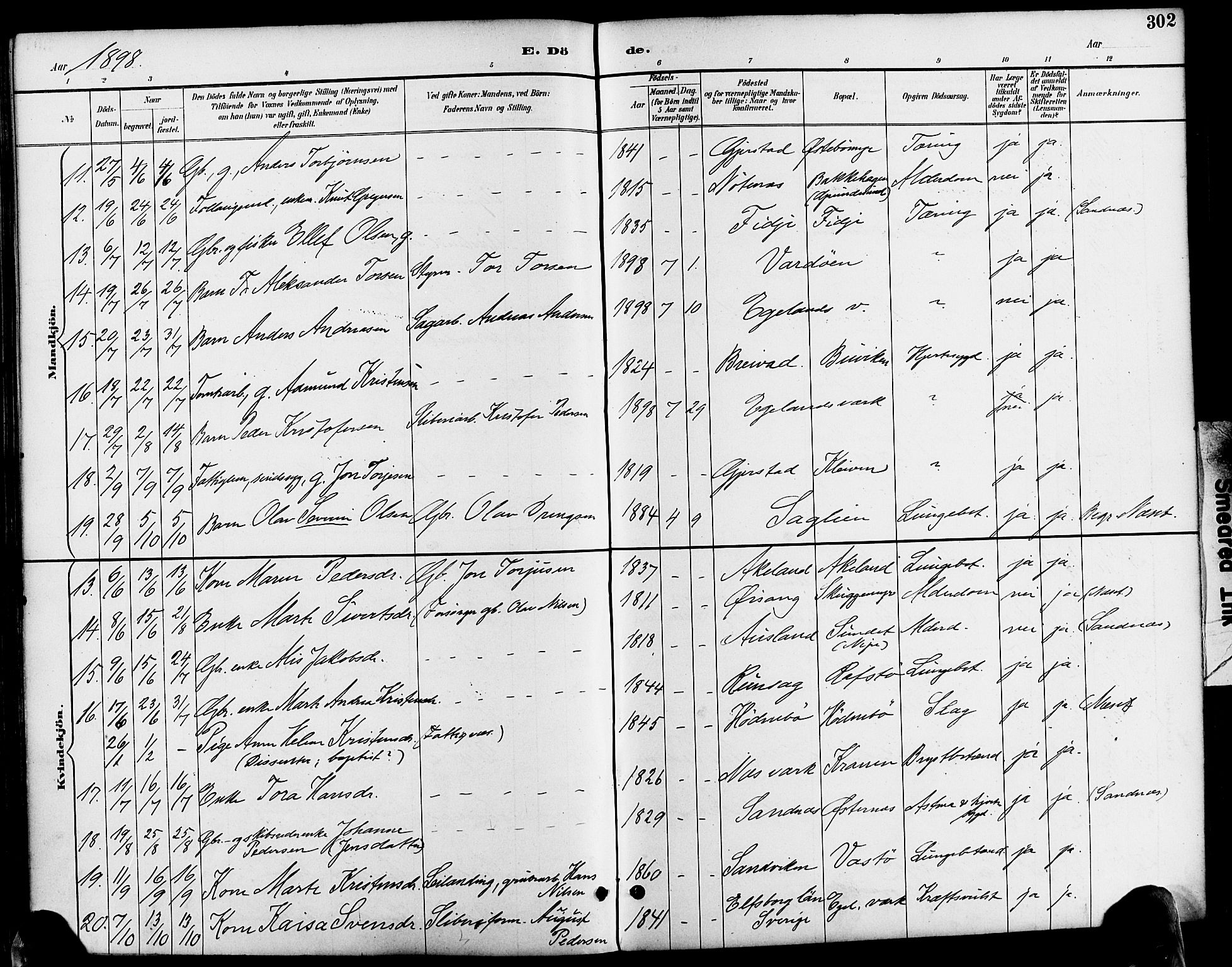 Søndeled sokneprestkontor, SAK/1111-0038/F/Fa/L0005: Parish register (official) no. A 5, 1889-1899, p. 302