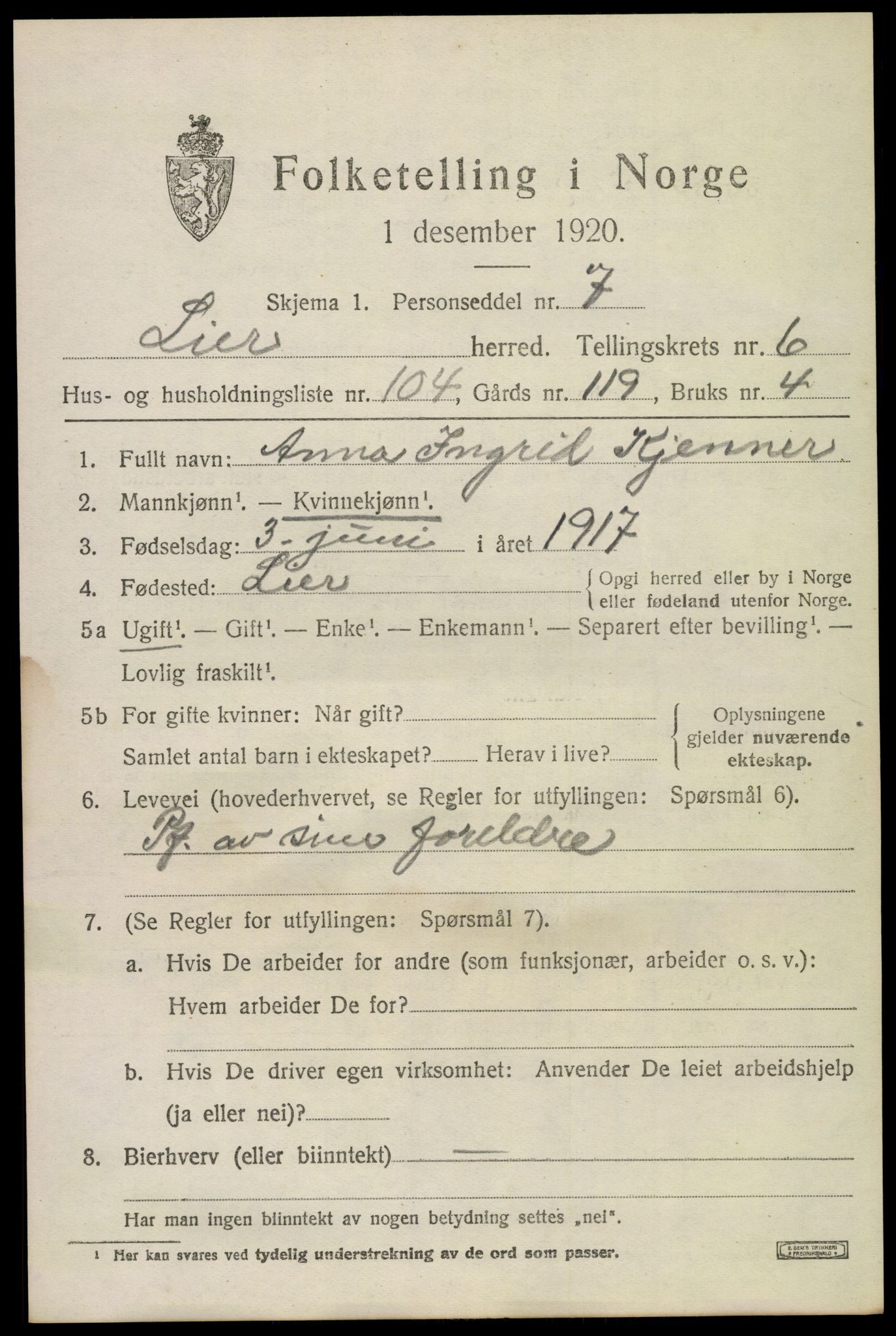 SAKO, 1920 census for Lier, 1920, p. 12488